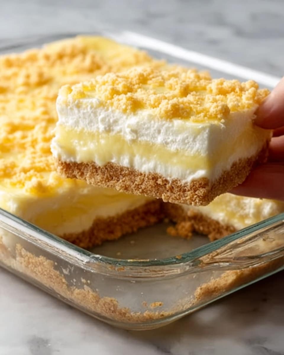A glass baking dish contains a three-layer dessert; the bottom layer is a light brown crumb crust with a rough texture, the middle layer is thick and creamy white filling that looks smooth, and the top layer is a pale yellow pudding with a slightly shiny surface, topped with golden brown crumbs. A woman’s hand is lifting a piece, showing the distinct layers inside. The dish is placed on a white marbled surface. Photo taken with an iphone --ar 4:5 --v 7