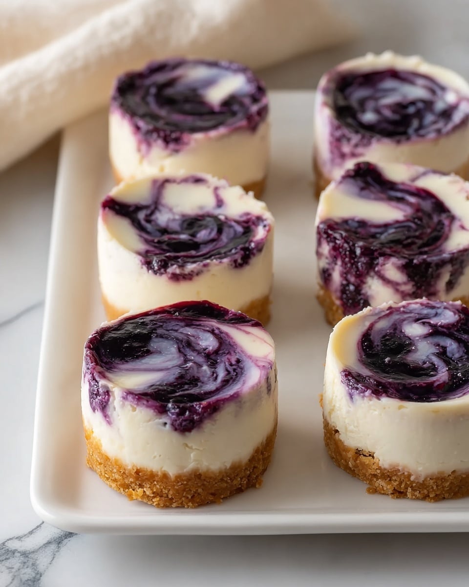 The image shows six small, round cheesecakes arranged closely on a white rectangular plate. Each cheesecake has three layers: a bottom crumbly light brown crust, a thick middle creamy white layer, and a glossy dark purple blueberry swirl on top, creating a marbled effect that blends slightly into the white layer beneath. The surface under the plate is white with a marbled texture, and on the left side, there is a cream-colored cloth partially visible. The photo taken with an iphone --ar 4:5 --v 7