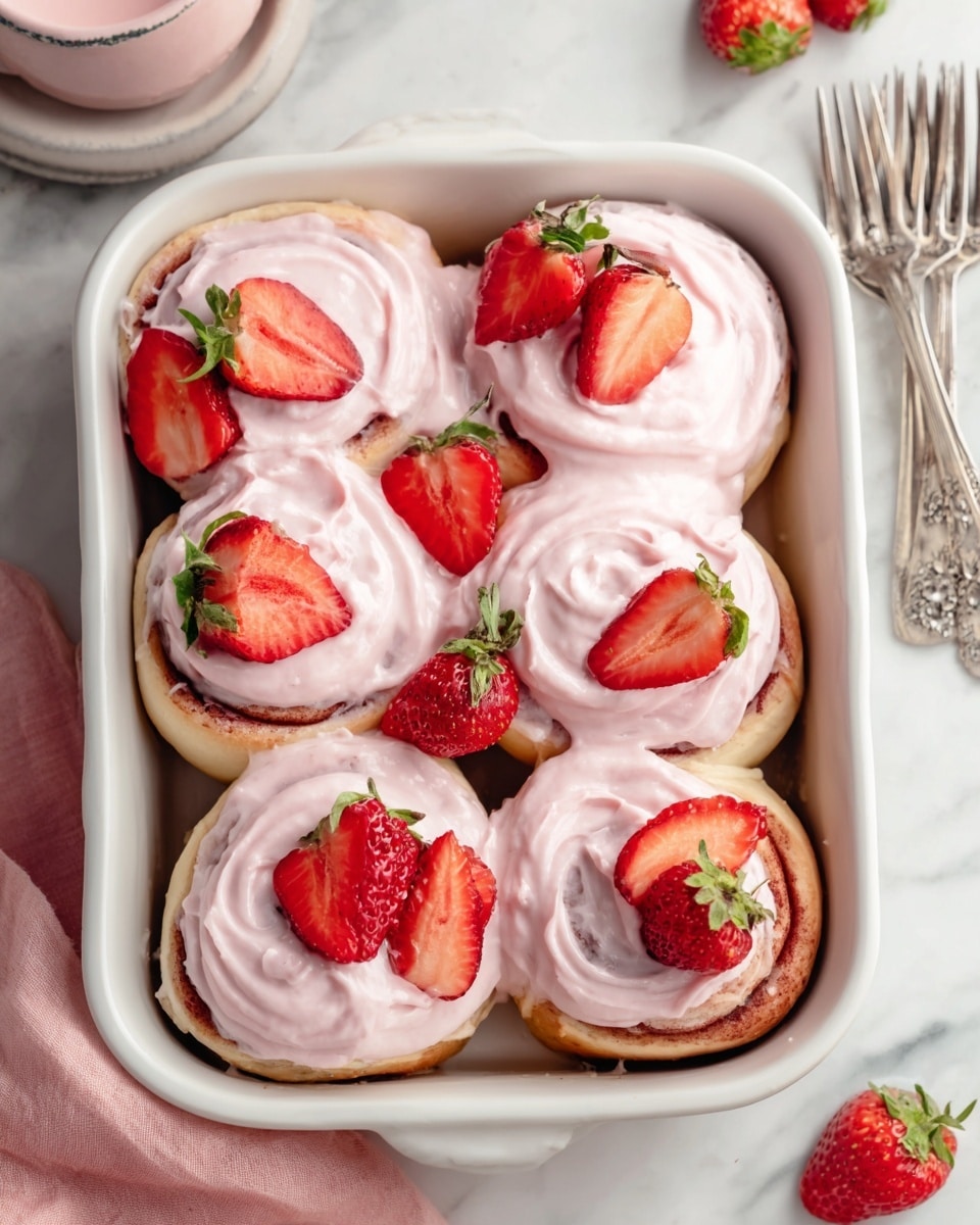 A white ceramic dish holds six cinnamon rolls arranged in two rows of three. Each roll is topped with a thick, swirled layer of light pink frosting that looks smooth and creamy. On top of the frosting, there are halved and whole fresh strawberries with their bright red color and green leaves adding a fresh look. The white marbled surface beneath the dish creates a clean background, with some silver forks and a pink cloth nearby. Photo taken with an iphone --ar 4:5 --v 7