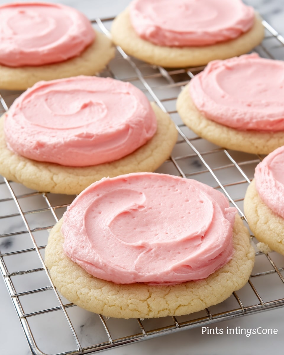 The image shows four round sugar cookies on a cooling rack placed over a white marbled surface. Each cookie is thick with a soft, slightly cracked pale beige base and is topped with one smooth, thick layer of pale pink frosting spread evenly but with visible swirls and texture from spreading. The cookies look soft and slightly crumbly around the edges, while the frosting is creamy and glossy. The cooling rack has a thin metal grid pattern, and the overall scene is bright with natural light. photo taken with an iphone --ar 4:5 --v 7