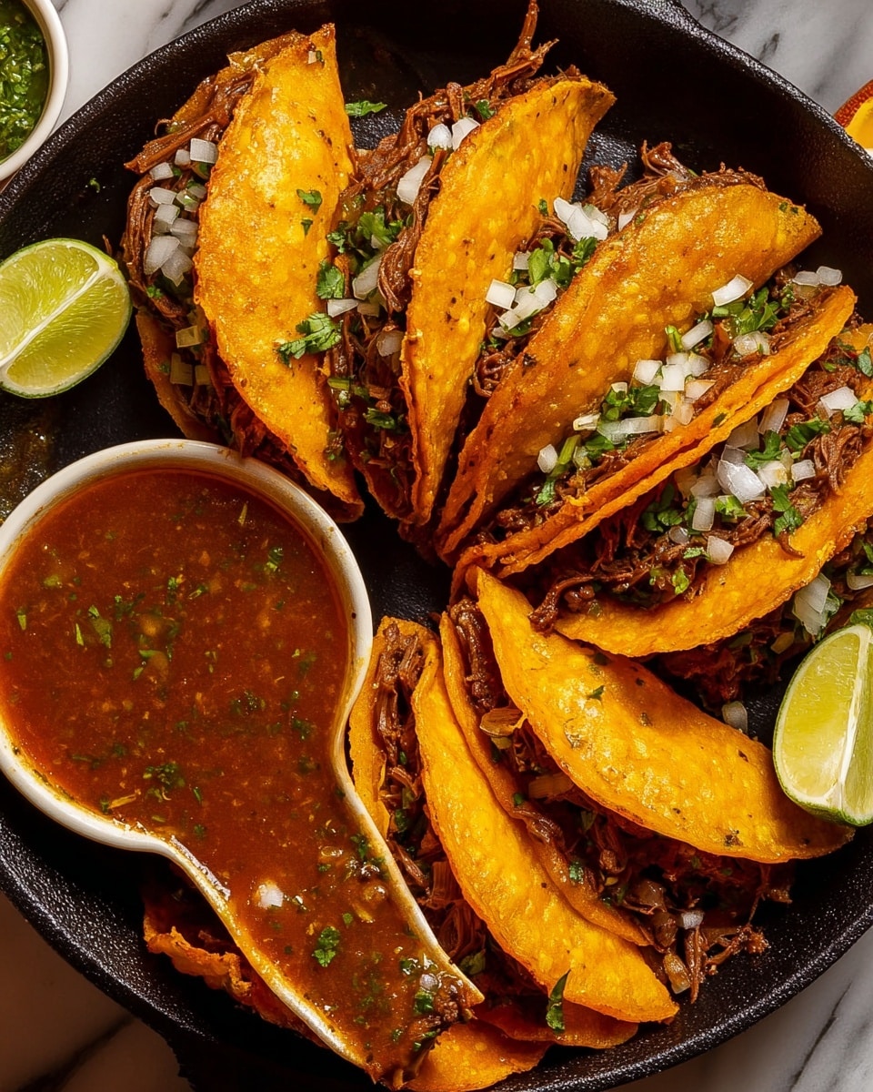 A black round cast iron skillet holds six tacos arranged in a circle, each taco shell a deep orange color with a fried, slightly crispy texture. The tacos are filled with shredded beef topped with finely chopped white onions and green cilantro. One taco is half dipped in a thick, reddish-brown broth with visible bits of herbs and spices. Two lime wedges are placed on the skillet edge for garnish. A small white bowl of green sauce is partially visible at the side on a white marbled surface. photo taken with an iphone --ar 4:5 --v 7