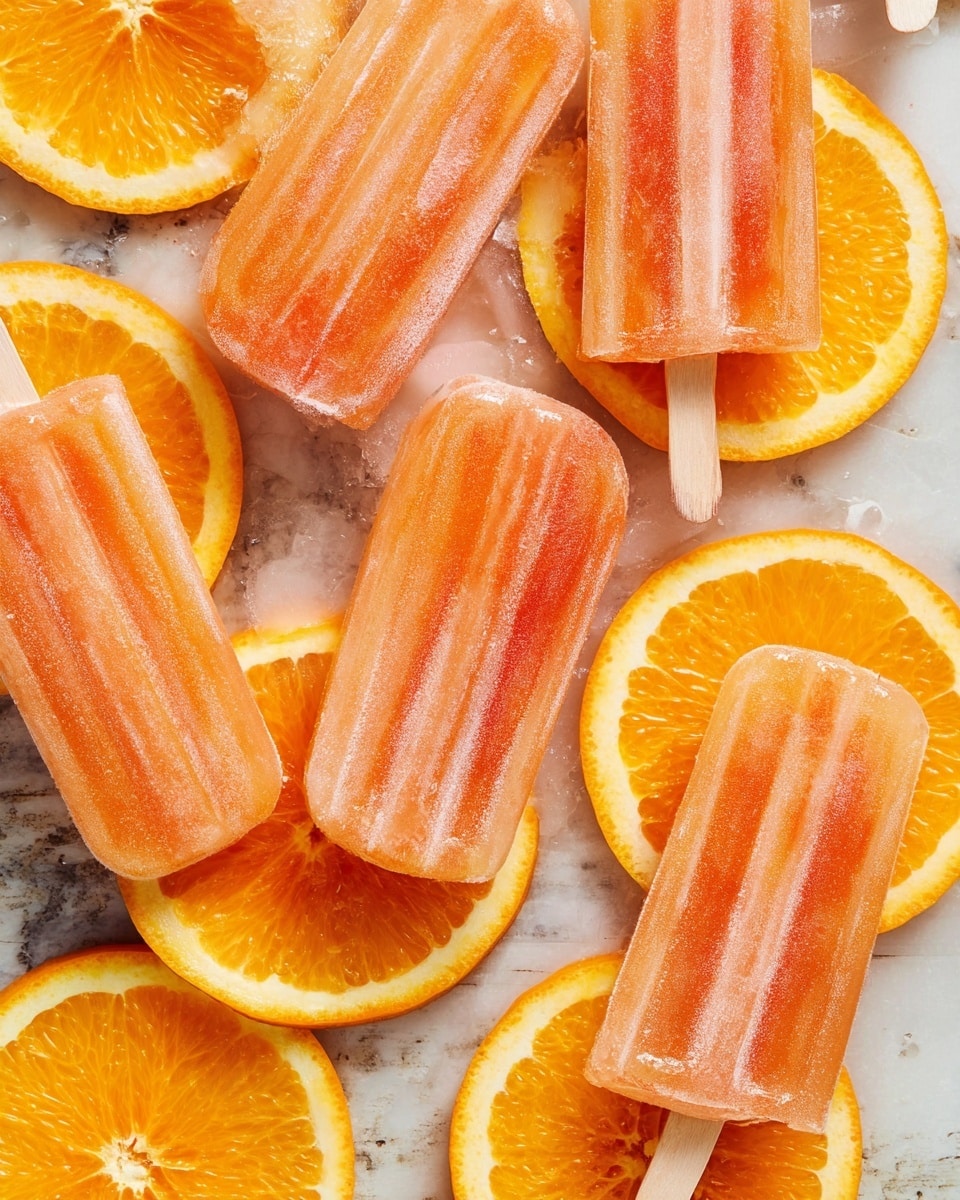 The image shows multiple orange popsicles placed on top of bright orange slices. Each popsicle has a translucent, icy texture with soft orange and peach tones and subtle vertical ridges, lying flat over the juicy, textured orange slices that form a circular base beneath each one. The background is a worn, white marbled surface, adding a rustic feel to the bright and fresh arrangement. Photo taken with an iphone --ar 4:5 --v 7