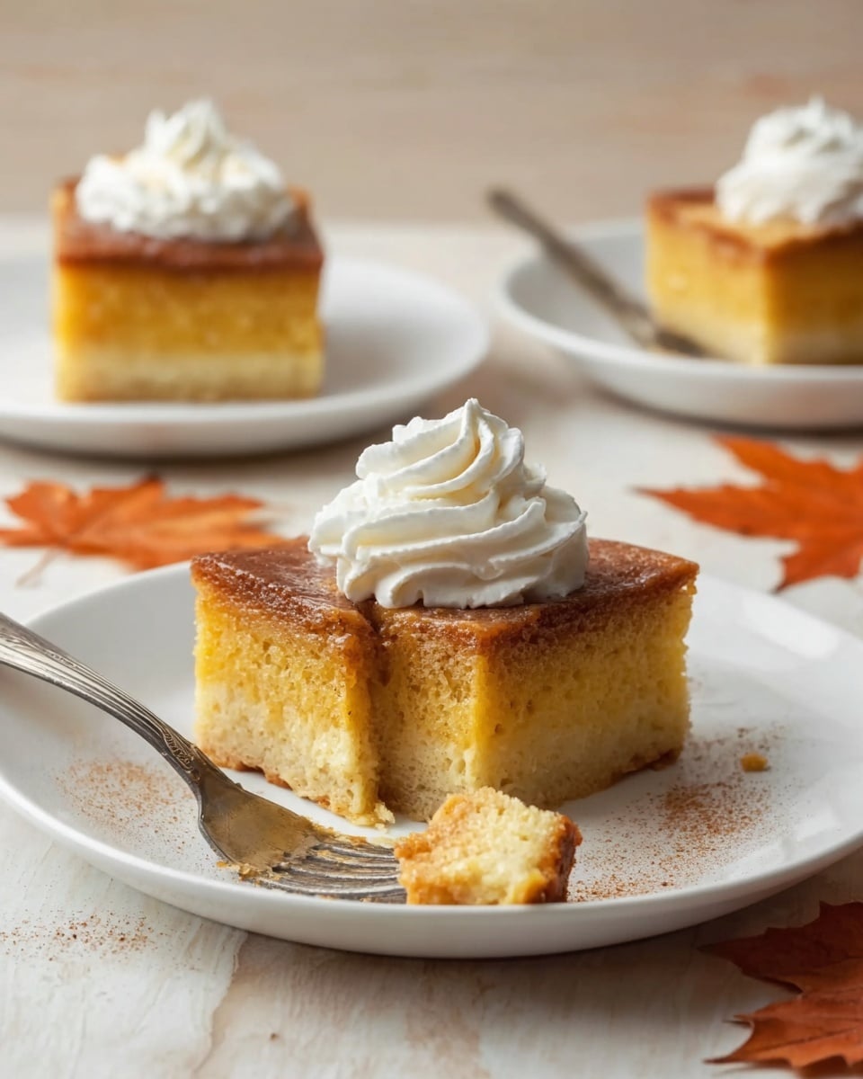 A white plate holds a square piece of cake with two visible layers: a lighter yellow base and a darker brown top, both with a soft, moist texture. On top of the cake is a swirl of white whipped cream with a smooth and fluffy appearance. A fork in the foreground lifts a small triangular bite of the cake, showing the contrast between the layers clearly. The background features two more white plates with similar cake slices, one with a fork resting on it. The setting is a white marbled texture surface with a small orange maple leaf and some crumbs near the bottom edge. Steam rises gently from the cake, suggesting it is warm. photo taken with an iphone --ar 4:5 --v 7