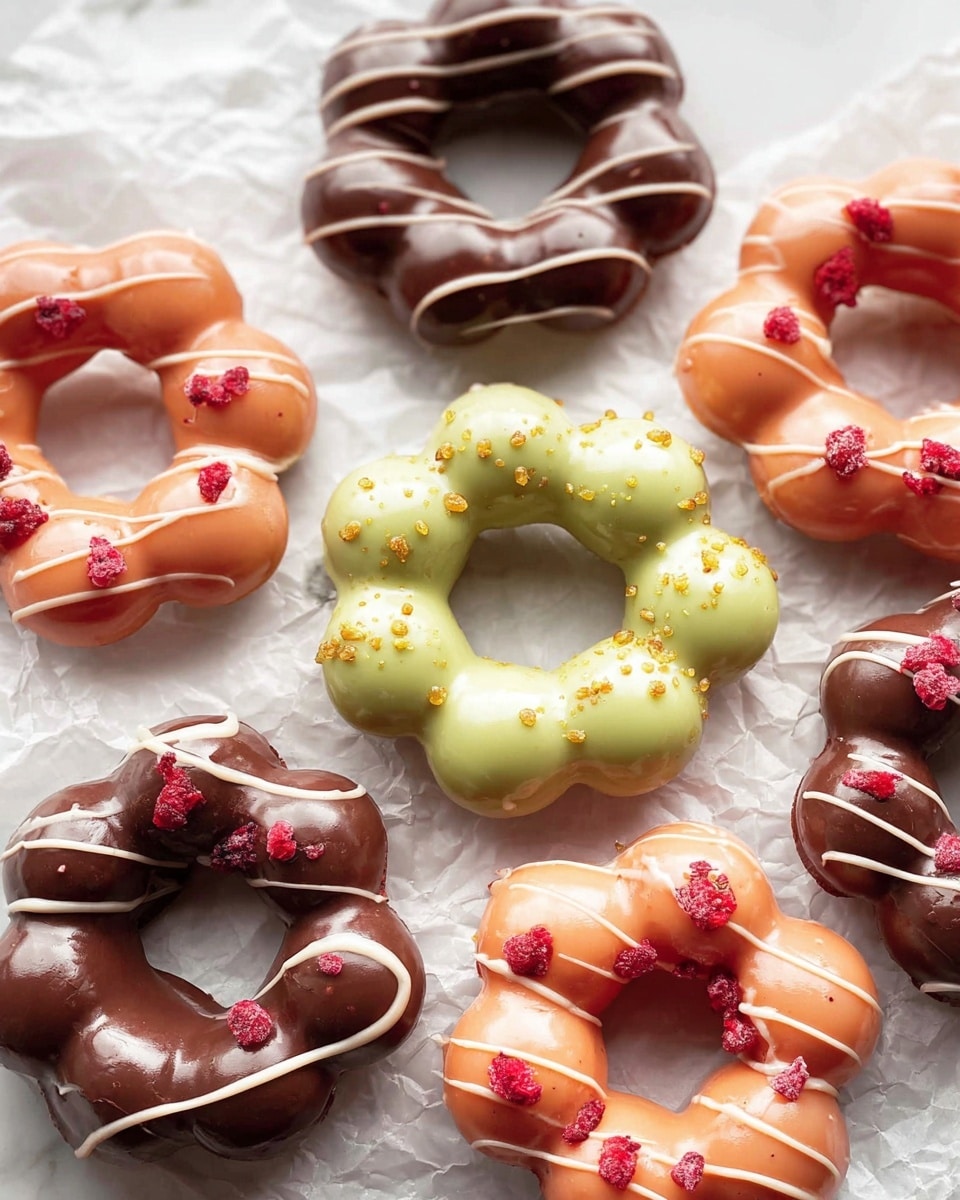 The image shows a collection of ring-shaped donuts, each made up of eight round connected balls. There are three color varieties: shiny dark brown chocolate with thin white stripes on one side, glossy light green with yellow crumbs and white drizzle across the top, and shiny pinkish-orange with small red berry pieces and thin white drizzle on one side. The donuts are placed directly on crumpled white paper over a white marbled surface. The lighting highlights the smooth, glossy texture of the icing on each donut. photo taken with an iphone --ar 4:5 --v 7