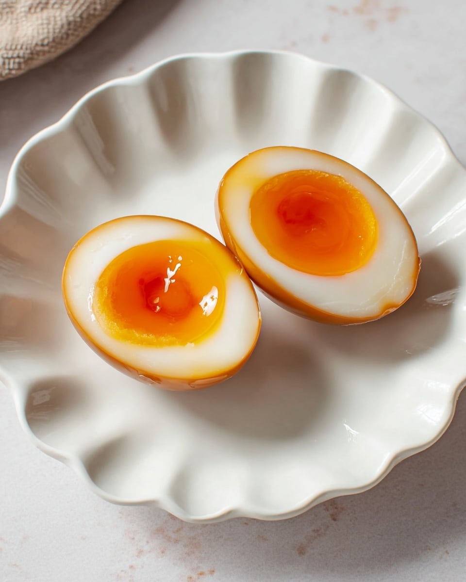 Two halves of a soft-boiled egg with a shiny, deep orange yolk at the center are placed side by side on a white scalloped plate. Each egg half has a smooth, creamy white layer surrounding the yolk, and the outer egg white has a light brown tint from being marinated. The plate sits on a white marbled surface with soft natural lighting highlighting the glossy texture of the yolks. Photo taken with an iphone --ar 4:5 --v 7