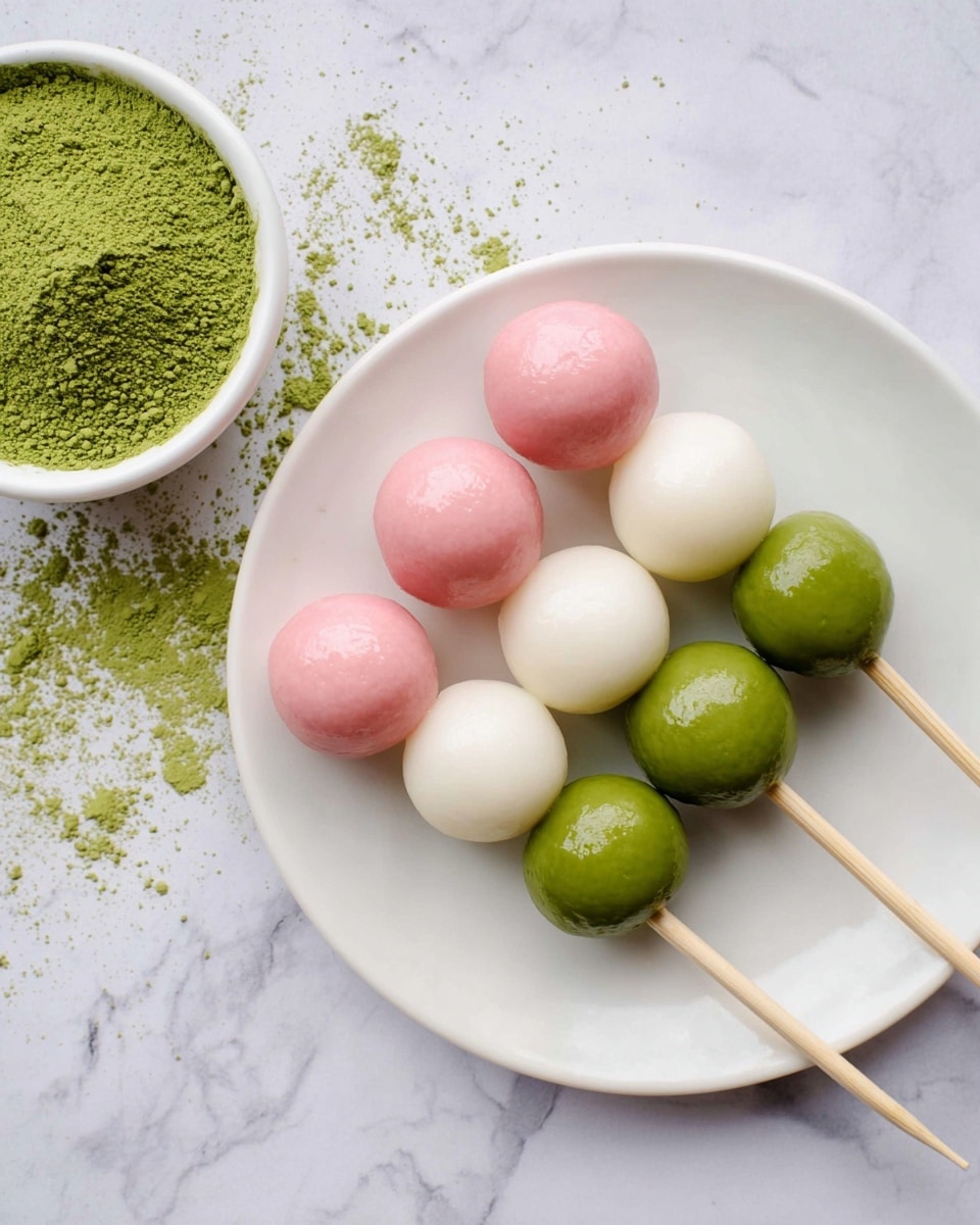 The image shows three skewers on a white plate, each with three round mochi balls. Each skewer has a pink ball on top, a white ball in the middle, and a green ball at the bottom. The mochi balls have a smooth and shiny texture, looking soft and sticky. To the left of the plate, there is a white bowl filled with bright green matcha powder, with some powder scattered on the white marbled surface around it. The skewer sticks are light wood and point away from the viewer. The overall setup is clean and simple, with a fresh and colorful look. photo taken with an iphone --ar 4:5 --v 7