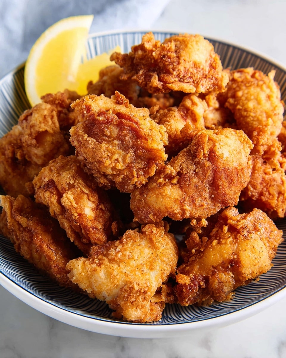 A bowl filled with many pieces of golden brown fried chicken, each piece showing a crunchy, textured crust with varying shades of deep orange and light brown, piled high and slightly overlapping each other. Behind the bowl, a white wedge of lemon rests, its bright yellow color contrasting against the food. The bowl itself is white with a blue-striped inner rim, placed on a white marbled surface that adds a clean, bright background to the scene. photo taken with an iphone --ar 4:5 --v 7