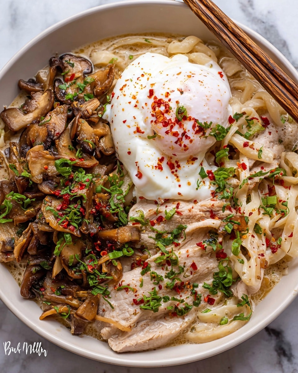A white bowl filled with three main layers: on the left, sautéed mushrooms mixed with cooked onions showing golden brown and dark brown tones, sprinkled with chopped green herbs and red chili flakes; on the right, tender slices of pale cooked meat also garnished with green herbs and red chili flakes; at the top middle, a soft poached white egg with a slightly bumpy texture dotted with red chili flakes and scattered green herbs; all sitting on thick, pale creamy noodles coated lightly with sauce, with a pair of wooden chopsticks resting on the edge on the top right; the bowl is placed against a white marbled surface. photo taken with an iphone --ar 4:5 --v 7