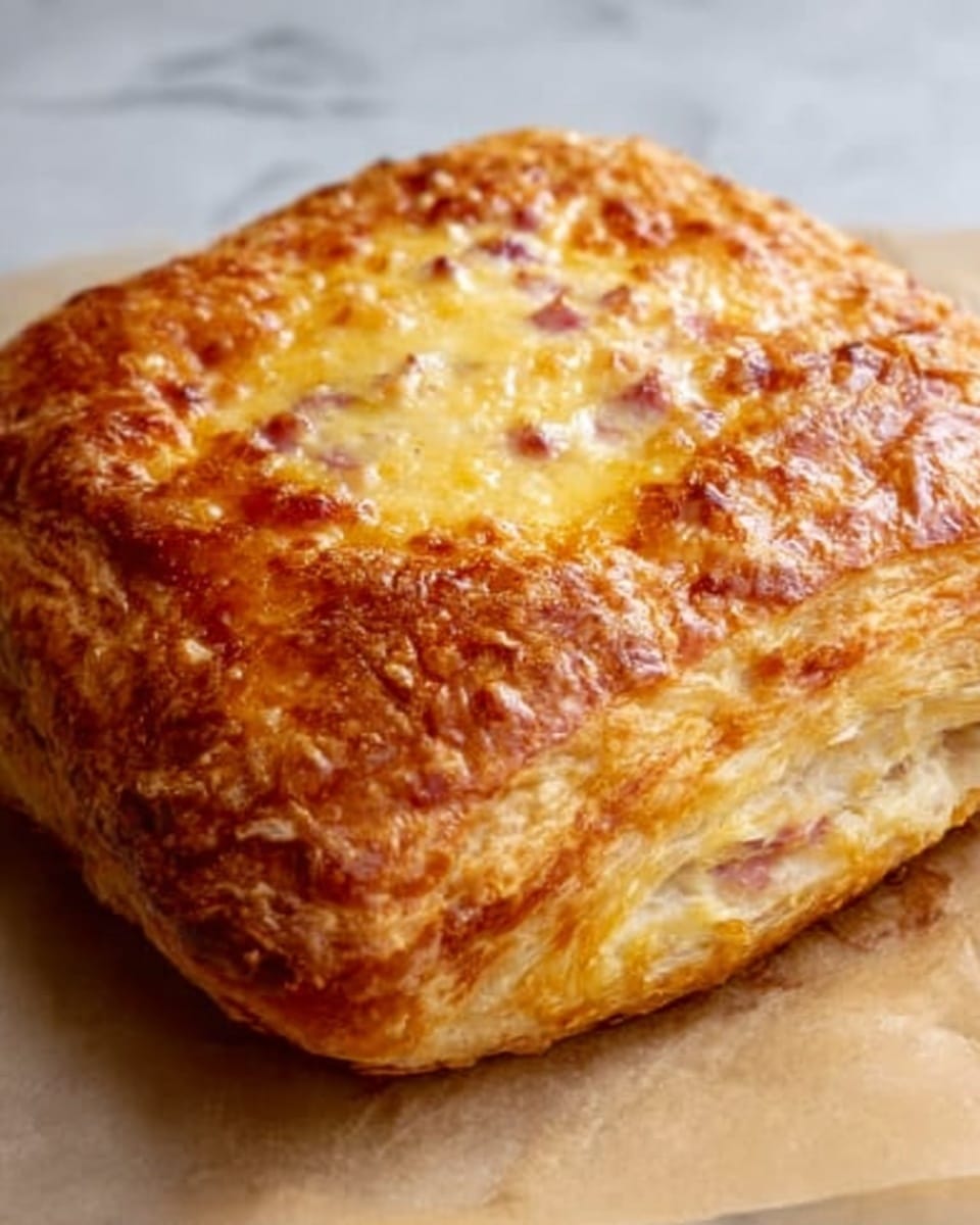 The image shows a golden-brown puff pastry square with crispy, flaky layers visible on the edges. The top is shiny and slightly blistered with a cluster of melted cheese that is pale yellow with tiny pink ham bits mixed inside, creating a speckled effect. The pastry looks thick and filled, with an airy texture visible near the edges. It sits on parchment paper on a white marbled surface. Photo taken with an iphone --ar 4:5 --v 7