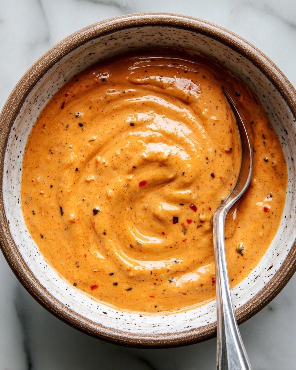 A close-up view of a thick, creamy orange sauce with tiny red and green specks is inside a white speckled bowl with a brown rim. The sauce looks smooth and glossy with a swirl pattern on top, and a silver spoon is partially dipped into it from the right side. The bowl is placed on a white marbled surface. photo taken with an iphone --ar 4:5 --v 7