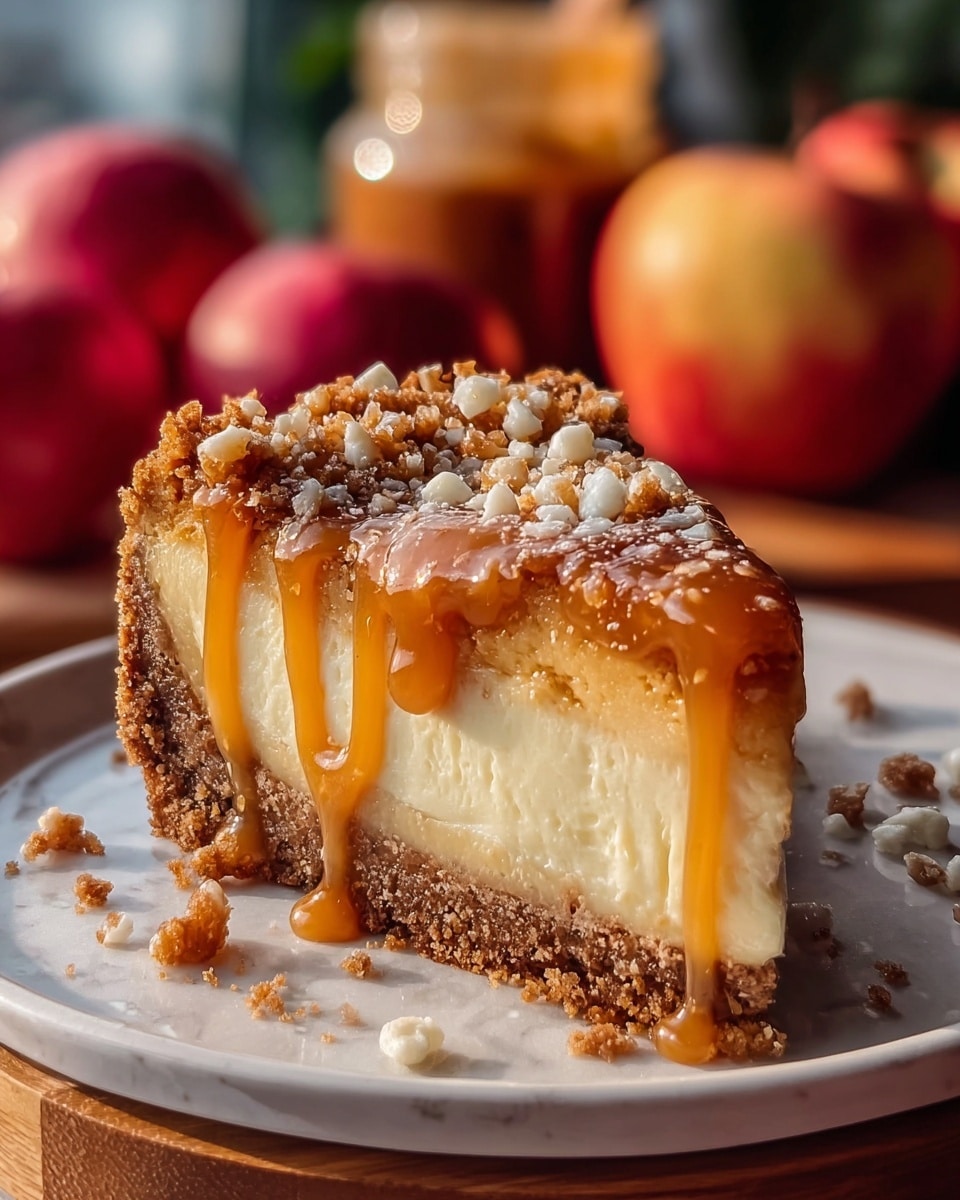 A close-up of one slice of pie on a round white plate showing three layers: a bottom crumbly brown crust, a thick creamy pale yellow middle layer, and a shiny golden caramel top layer dripping over the edge; the caramel is sprinkled with small chopped nuts and white flakes; the plate sits on a white marbled texture, with red apples and a jar of caramel in soft focus in the background; the lighting is warm and natural, highlighting the texture and color contrast of the pie photo taken with an iphone --ar 4:5 --v 7
