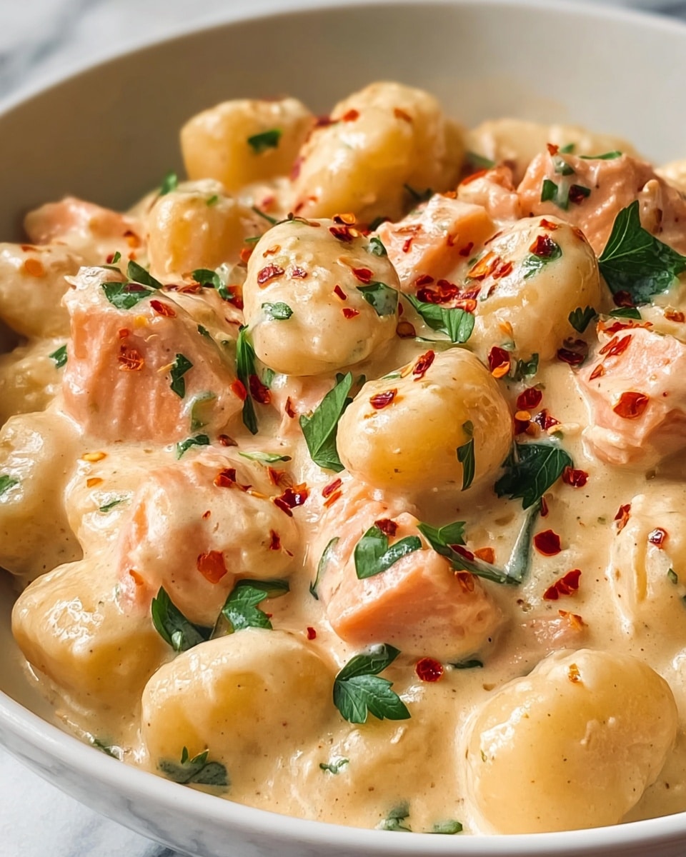 A close-up view of a white bowl filled with soft gnocchi covered in a thick, creamy light beige sauce with specks of red chili flakes scattered on top. Mixed in are chunky pieces of pink cooked salmon, surrounded by small green fresh parsley leaves that add color contrast. The gnocchi pieces are plump and slightly shiny from the sauce, arranged closely together in the bowl. The background shows a white marbled texture. photo taken with an iphone --ar 4:5 --v 7