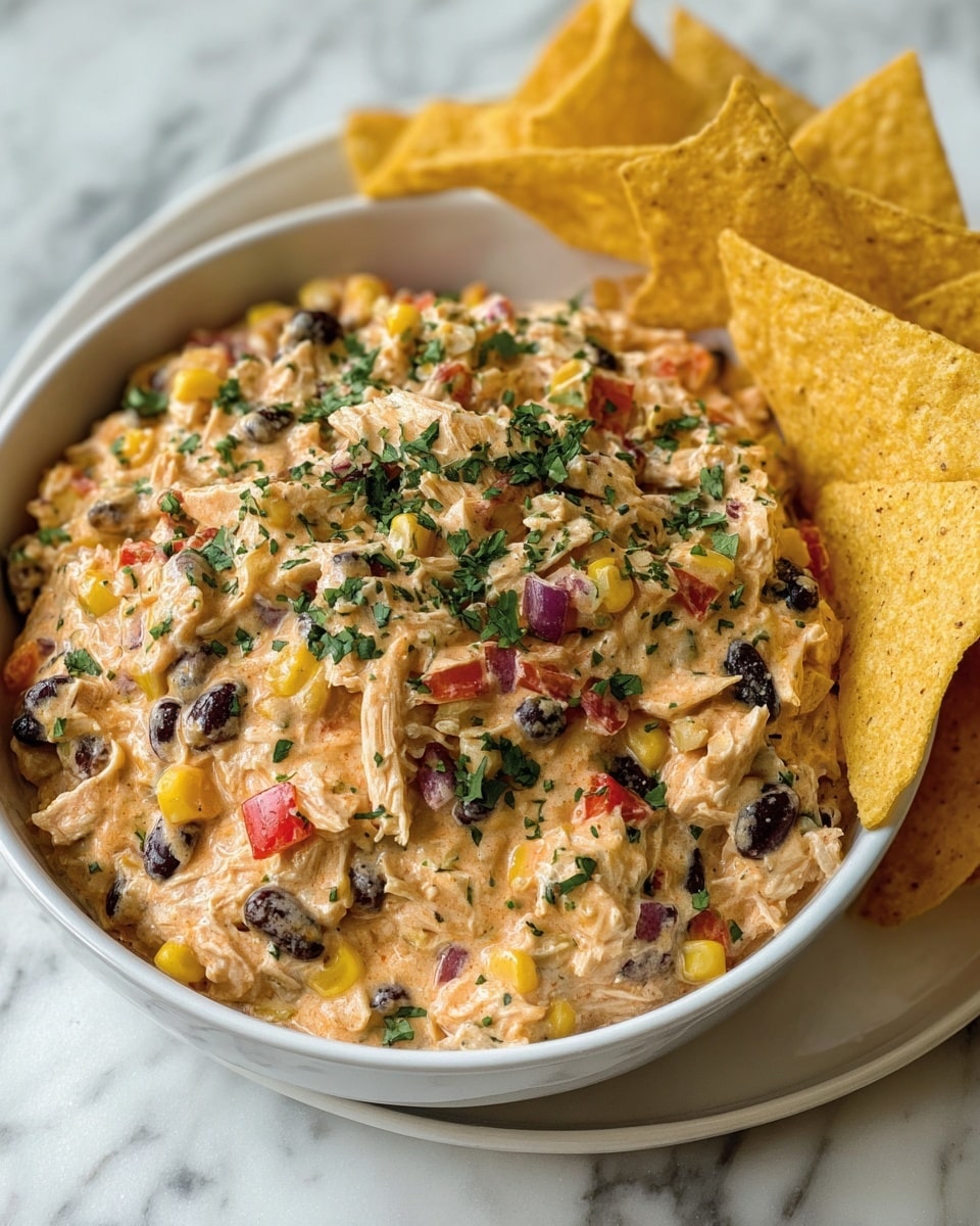 A white bowl filled with a creamy dip showing a mix of shredded chicken, black beans, yellow corn, red bell pepper pieces, and finely chopped red onions, all coated in a light orange, creamy sauce. The dip is generously sprinkled with chopped green herbs on top. On the right side inside the bowl, there are several yellow tortilla chips arranged in a fan shape. The bowl sits on a white marbled surface. photo taken with an iphone --ar 4:5 --v 7