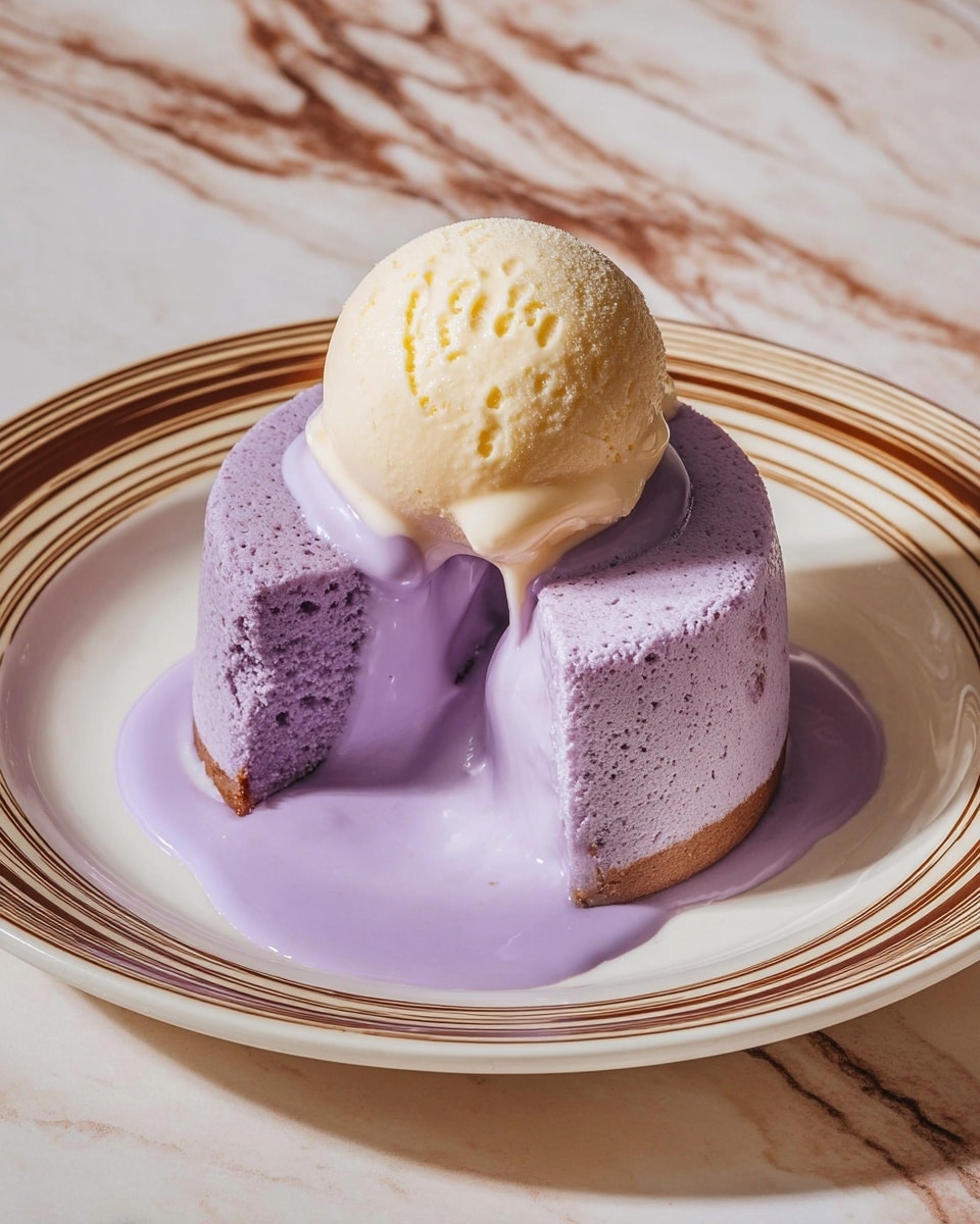 A dessert with three main layers sits on a white plate with a brown marble pattern and gold rim. The bottom layer is a thin, firm brown base. Above it is a thick, light purple cake that is soft and spongy in texture, shaped in a round form with a cut revealing the inside. A smooth, flowing lavender sauce is pouring out from the cut in the purple cake and spreading onto the plate. On top of the cake sits a single, round scoop of pale yellow ice cream with a creamy texture and subtle ridges. The background is a white marbled surface. photo taken with an iphone --ar 4:5 --v 7