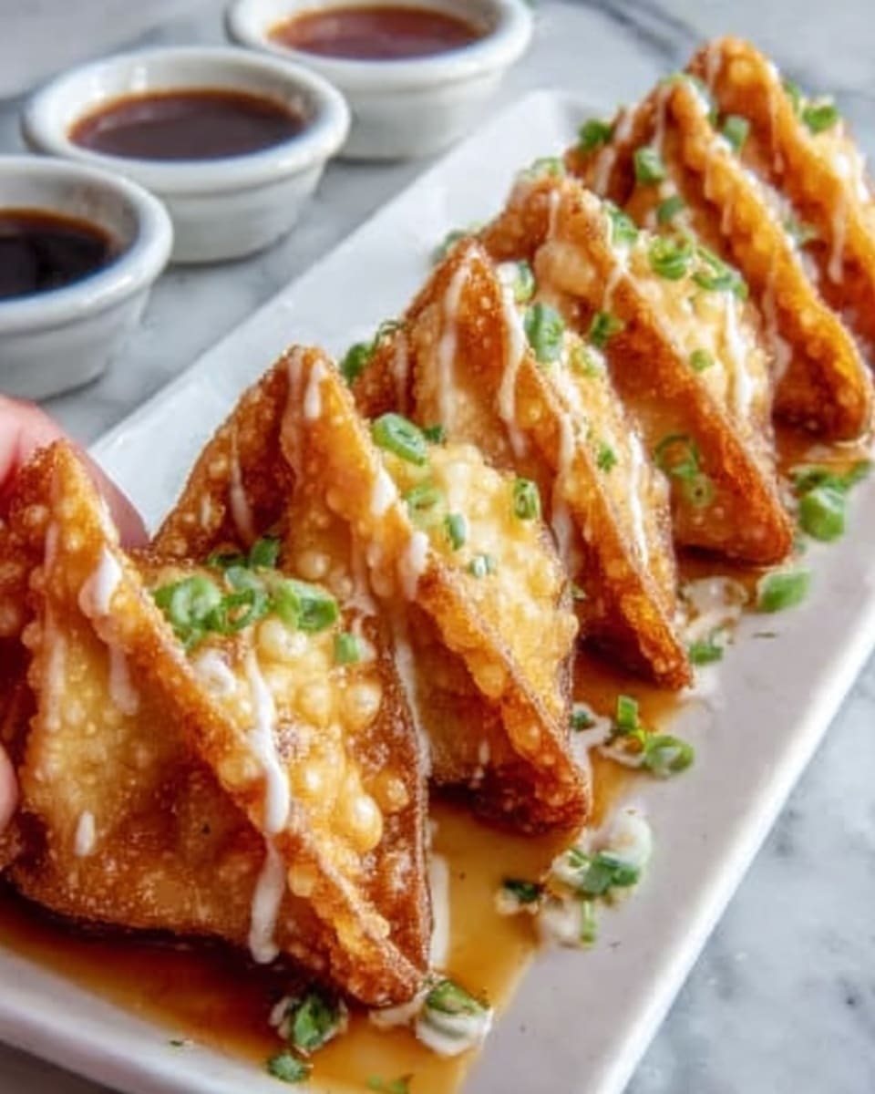 The image shows a white plate with a row of eight golden-brown fried wontons, each folded into a triangular shape. The wontons have a crispy texture with visible bubbles on the surface, and they are topped with small green chopped scallions and drizzled with a light sauce that adds a shiny, slightly wet look. In the background, there are small white bowls with dipping sauces, and a woman’s hand is holding one wonton gently. The plate is set on a white marbled surface. photo taken with an iphone --ar 4:5 --v 7