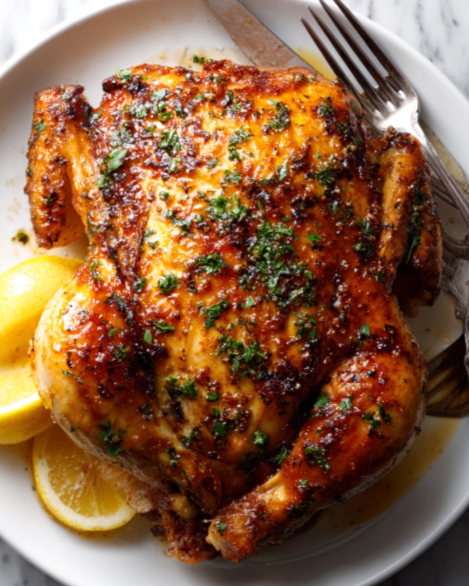 The image shows a whole roasted chicken with golden brown crispy skin, covered with small green herb pieces and seasoning. It is placed on a white plate with lemon wedges on one side. The chicken looks juicy with a shiny texture on top, and the plate sits on a white marbled surface. A fork and spoon rest on the plate’s edge. Photo taken with an iphone --ar 4:5 --v 7