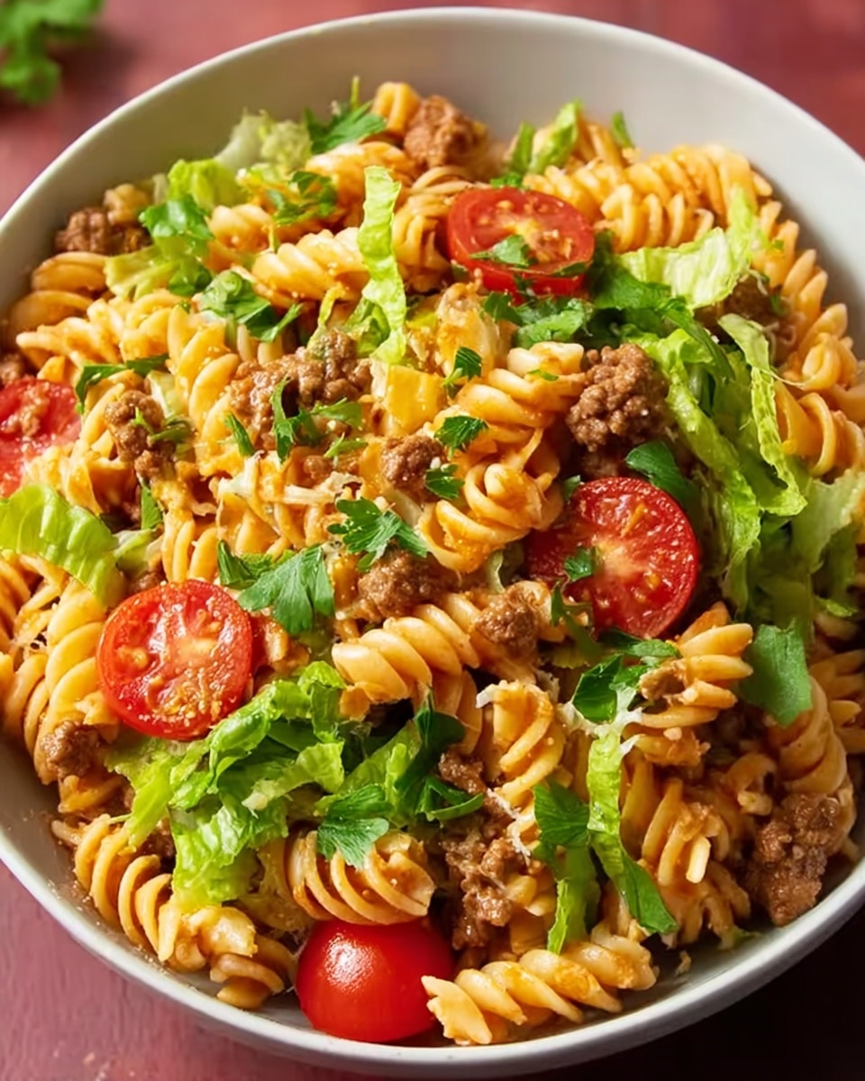 A white bowl filled with three layers of food: the bottom layer is a mix of cooked spiral pasta in a light orange sauce, evenly spread; the middle layer has small chunks of browned ground meat scattered throughout; the top layer is decorated with halved bright red cherry tomatoes, fresh green lettuce pieces, and chopped fresh parsley evenly sprinkled on top, creating a colorful contrast. photo taken with an iphone --ar 4:5 --v 7