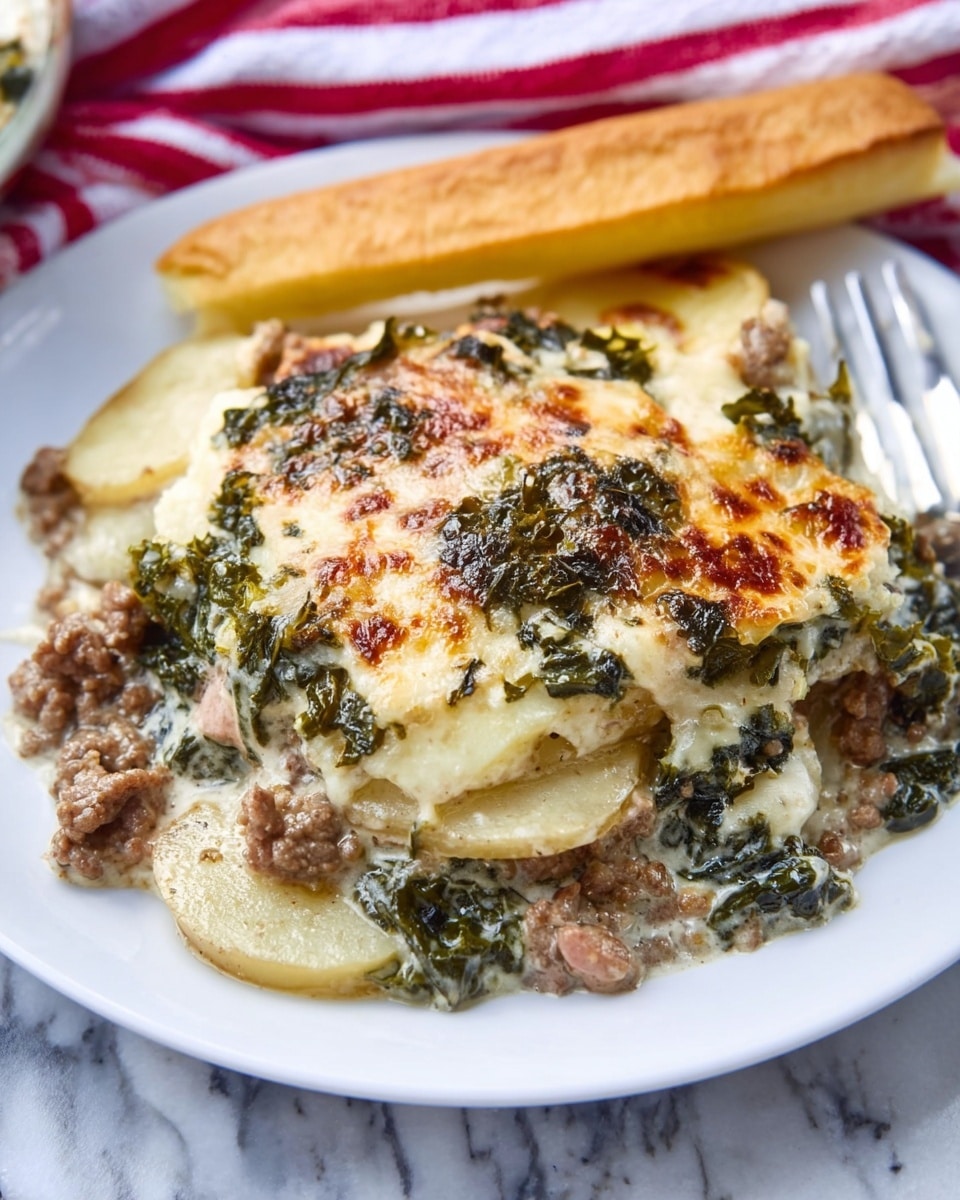 A white plate holds a layered dish consisting of thin potato slices with light golden browned edges, covered with a creamy white sauce mixed with browned ground meat and dark green leafy kale pieces. The top layer has melted cheese that is slightly browned and bubbly, blending textures of soft potatoes, tender kale, and crumbly meat. On the side of the plate, there is a golden brown breadstick resting against the food. The whole scene is set on a white marbled surface with a red and white striped cloth partially visible at the top. Photo taken with an iphone --ar 4:5 --v 7