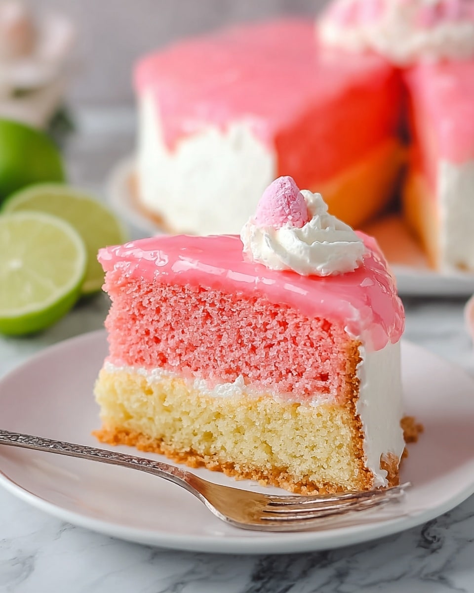 A slice of three-layer cake sits on a white plate with a silver fork beside it. The bottom layer is a thin, golden brown crust with a slightly crumbly texture. The middle layer is thick and spongey, bright pink in color with a moist look. Above this is a medium-thick white creamy layer that looks smooth and soft. The top layer is a shiny, translucent pink glaze spread evenly over the creamy layer. A small dollop of white cream with a pink candy decoration sits on top of the slice. In the background, the remaining cake is visible with a white creamy outer border and pink glaze on top, along with halved limes on a white marbled surface. photo taken with an iphone --ar 4:5 --v 7