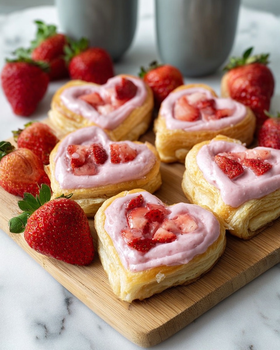 The image shows six heart-shaped pastries arranged on a wooden board set on a white marbled surface. Each pastry has a golden-brown puff pastry base with a thick layer of smooth pink cream spread on top. Fresh red strawberry pieces are scattered on the pink cream in each pastry, adding texture and color contrast. Around the board, whole fresh strawberries with green leaves are placed, enhancing the fresh and sweet look of the scene. In the background, there are two gray cups that are softly blurred, drawing focus to the pastries in the front. photo taken with an iphone --ar 4:5 --v 7