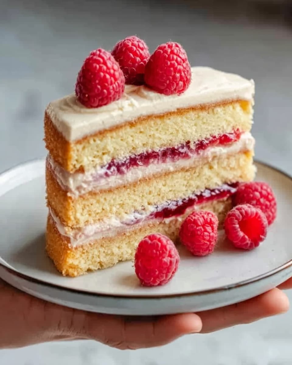 A slice of layered cake is shown on a white plate with a simple silver edge, placed on a white marbled surface. The cake has five distinct layers: three light golden sponge cake layers alternate with two cream layers that are pale beige and smooth in texture. Between the second sponge layer and the third cream layer, there is a bright red raspberry jam layer that looks slightly thick and glossy. The top surface is covered with a smooth layer of cream that is pale beige and decorated with fresh red raspberries arranged neatly in a group. Some raspberries are also placed on the plate beside the cake. A woman's hand is holding the white plate gently from the side. Photo taken with an iphone --ar 4:5 --v 7