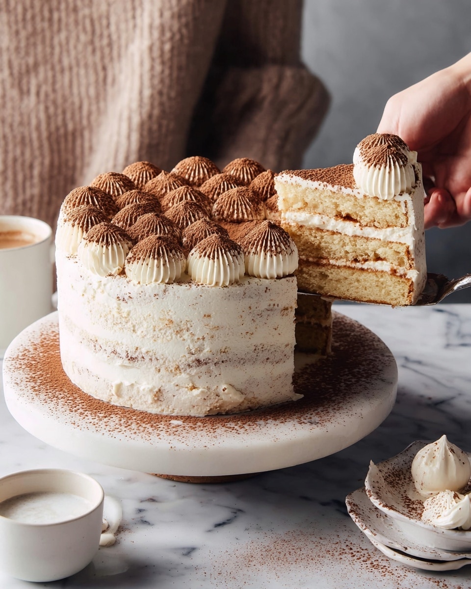 The image shows a three-layer round cake with a light cream color, covered in a slightly rough white frosting allowing some sponge cake color to show through. Each layer is separated by a thin white cream filling. The top is decorated with evenly spaced dollops of white cream dusted with a generous layer of cocoa powder, forming a textured pattern. A slice of the cake is being lifted by a woman’s hand using a silver cake server, revealing the soft yellowish sponge layers and creamy filling inside. The cake sits on a round white stand dusted lightly with cocoa powder. The background features a white marbled surface, along with a white cup and a small bowl of white cream on white dishes nearby. photo taken with an iphone --ar 4:5 --v 7