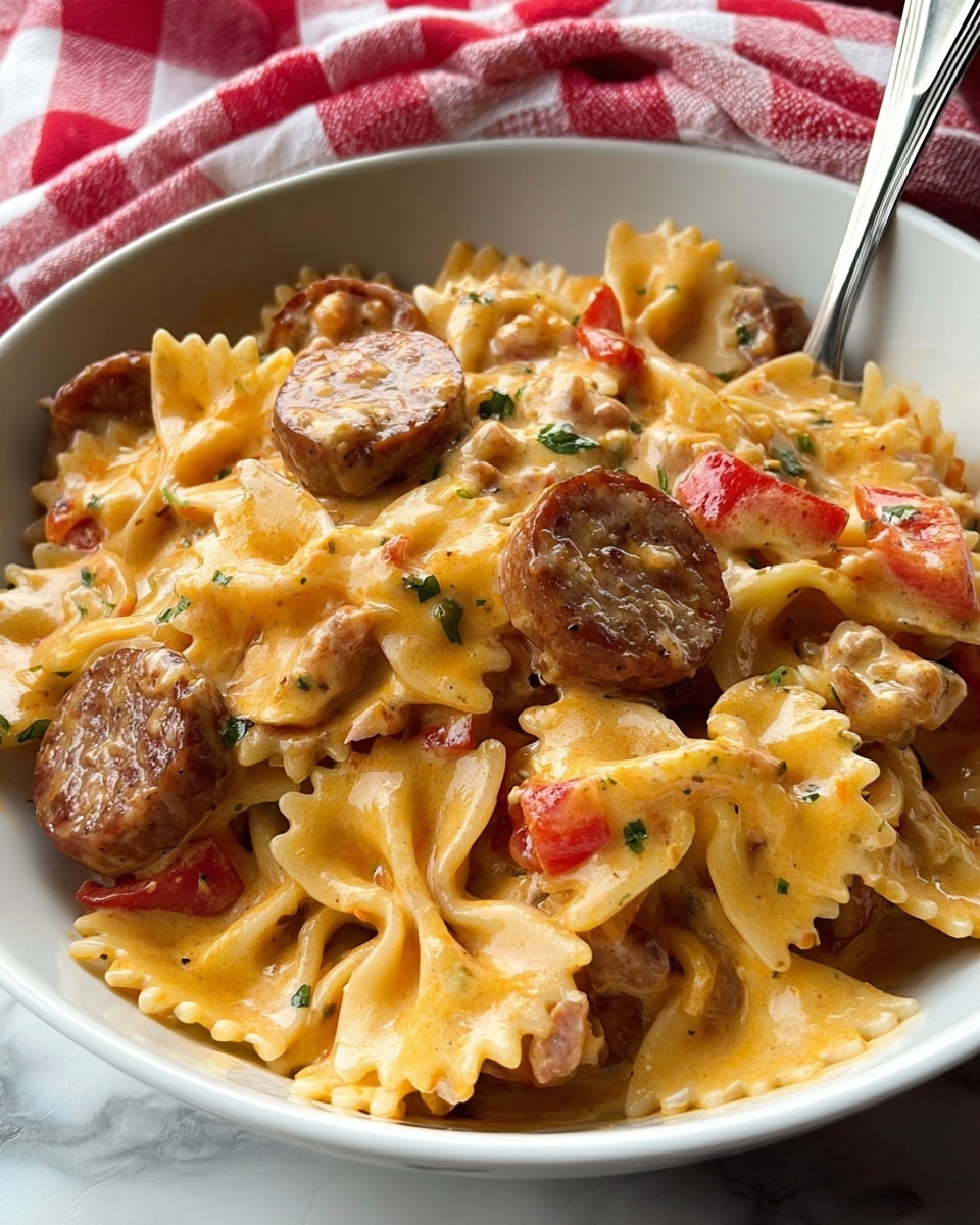 A close-up of a white bowl filled with creamy farfalle pasta mixed with slices of browned sausage and pieces of red bell pepper. The farfalle pasta is covered in a smooth, light orange cream sauce that coats every piece, making the dish look rich and cheesy. The sausage slices are round, browned on the edges, and scattered through the pasta, while the red bell pepper pieces add a pop of red color among the yellow pasta and sauce. A silver fork is partially visible on the right side, resting in the bowl. The bowl sits on a white marbled surface with a red and white checkered cloth in the background. Photo taken with an iphone --ar 4:5 --v 7