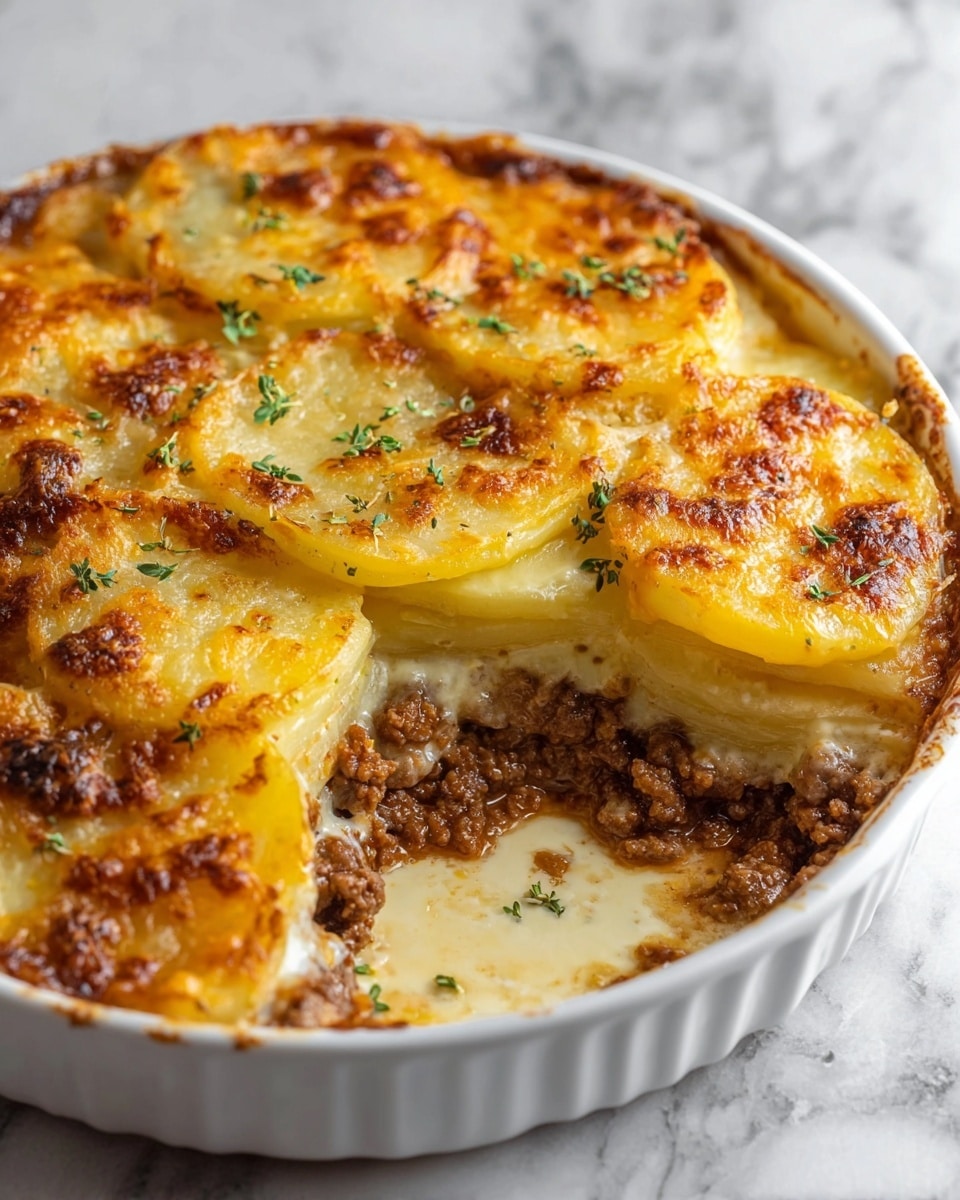 A white round baking dish contains a layered casserole with three visible layers: the bottom layer is cooked minced meat in brown color with a crumbly texture, the middle layer consists of thick slices of creamy yellow potatoes soft in texture, and the top layer is golden-brown melted and slightly crispy cheese with small green herb leaves sprinkled on top. One slice is missing from the dish, showing the soft, creamy sauce around the edges inside the dish, and the casserole rests on a white marbled surface. photo taken with an iphone --ar 4:5 --v 7