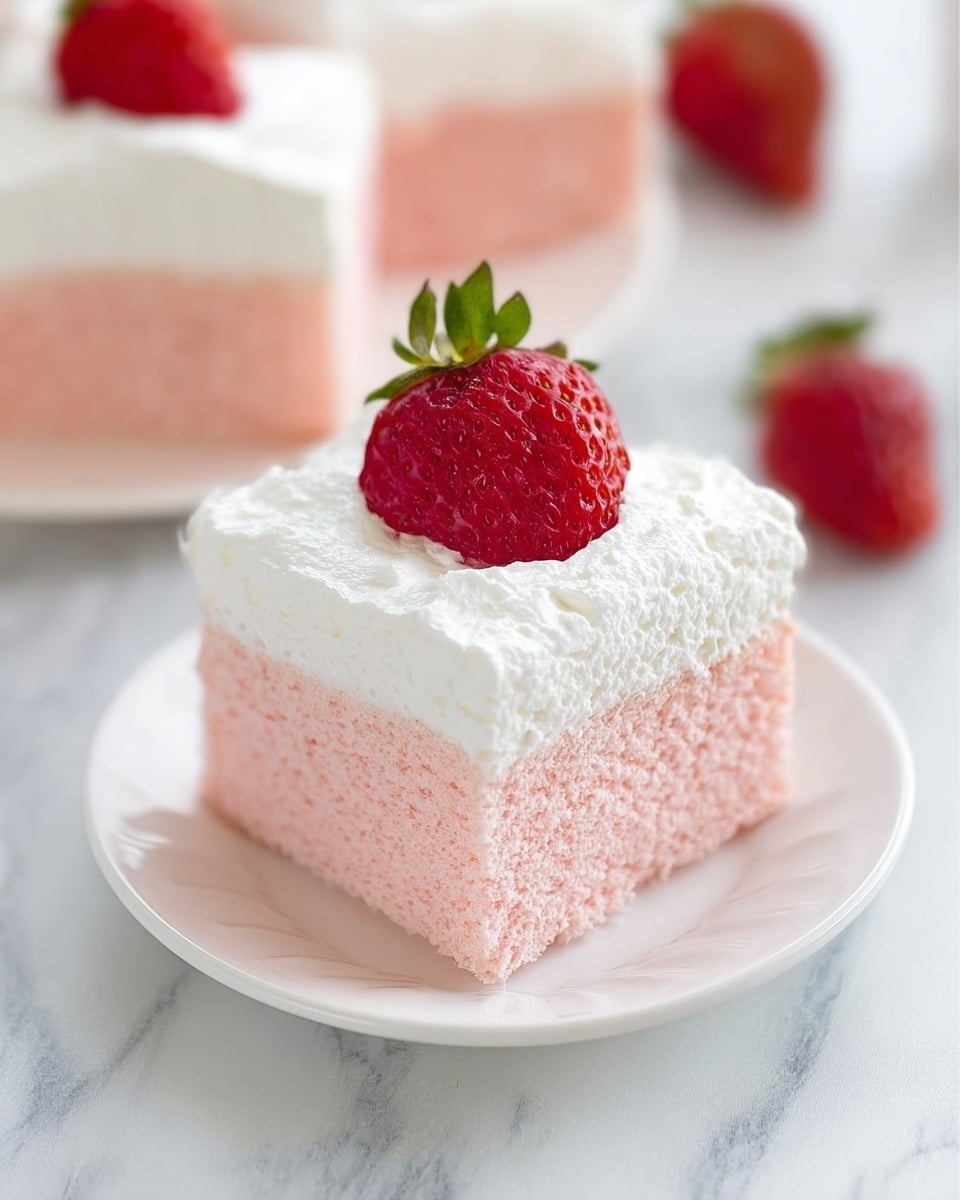 A square piece of soft, light pink cake sits on a small white plate, topped with a thick, fluffy white cream layer. A fresh red strawberry with green leaves rests neatly in the center on top of the cream. The cake looks airy and smooth, with clear separation between the pink cake layer and the white cream layer. The plate is placed on a white marbled surface with a few more strawberries blurred in the background, giving a fresh and sweet impression. Photo taken with an iphone --ar 4:5 --v 7