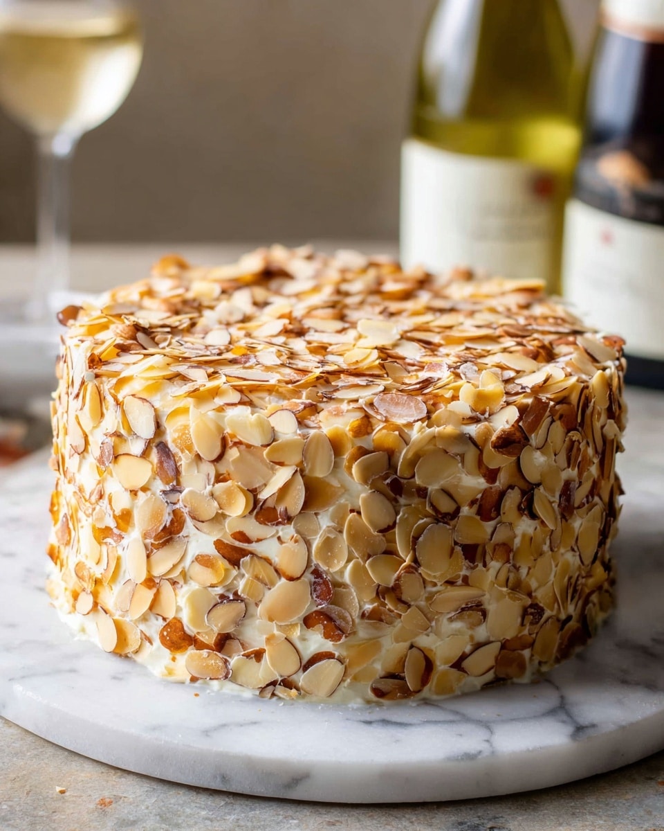 A round cake covered entirely with a thick cream layer that is coated with many toasted almond slices, giving it a textured, golden-brown and cream-colored finish. The cake rests on a smooth white marbled surface, and in the blurred background, there is a bottle of white wine. The toasted almond slices cover the top and all around the sides of the cake, making the surface uneven and crunchy-looking. photo taken with an iphone --ar 4:5 --v 7
