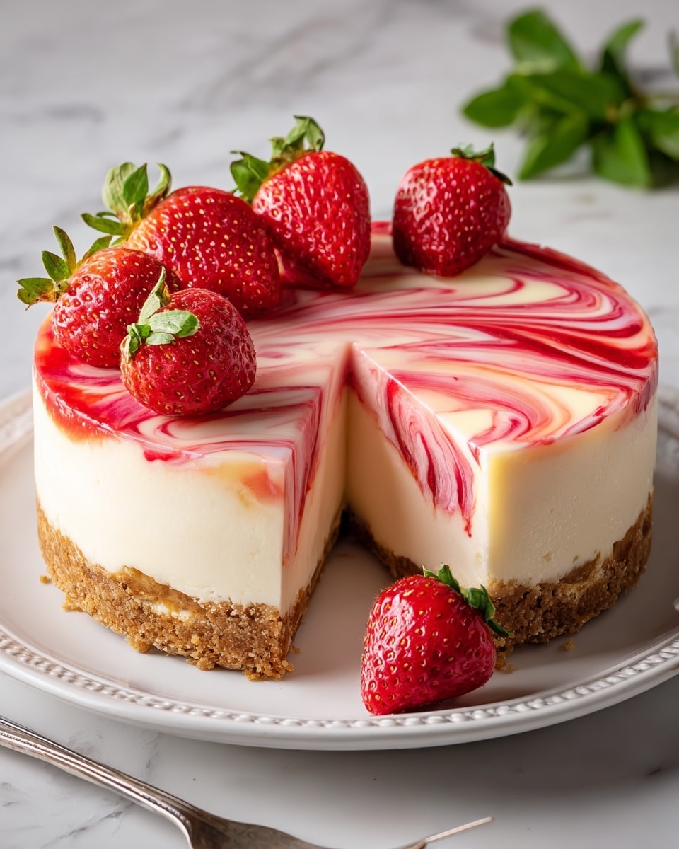 A round cheesecake with three main layers sits on a white plate with a detailed edge, placed on a white marbled surface. The bottom layer is a light brown crumbly crust evenly pressed down. The thick middle layer is smooth, creamy white cheese filling. The top layer has a glossy swirl design with pink and red shades mixing into white cream, covering the entire surface. Five fresh whole and halved strawberries with green leaves decorate the top edge of the cheesecake, and one strawberry rests on the plate. There are green leaves blurred in the background behind the cake. A silver fork lies next to the plate. Photo taken with an iphone --ar 4:5 --v 7