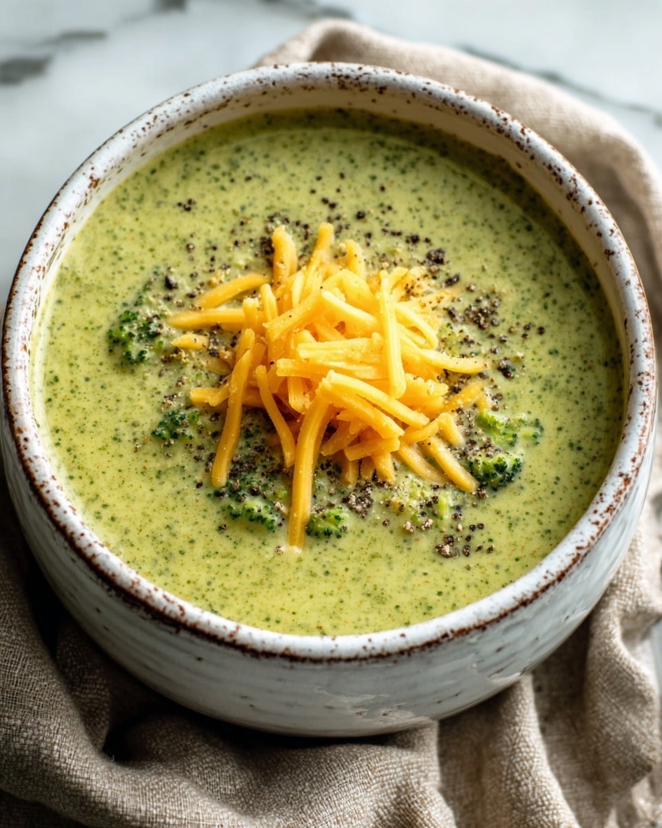 A close-up view of a bowl filled with thick, creamy broccoli soup that is bright green with small dark green broccoli bits mixed throughout. On top of the soup, there is a small mound of shredded, sharp yellow cheddar cheese placed in the center. Around the cheese, there is a sprinkling of cracked black pepper adding a textured look to the surface. The bowl is white with a speckled, rustic finish around the rim, sitting on a loosely folded beige cloth. The background features a smooth white marbled texture. photo taken with an iphone --ar 4:5 --v 7