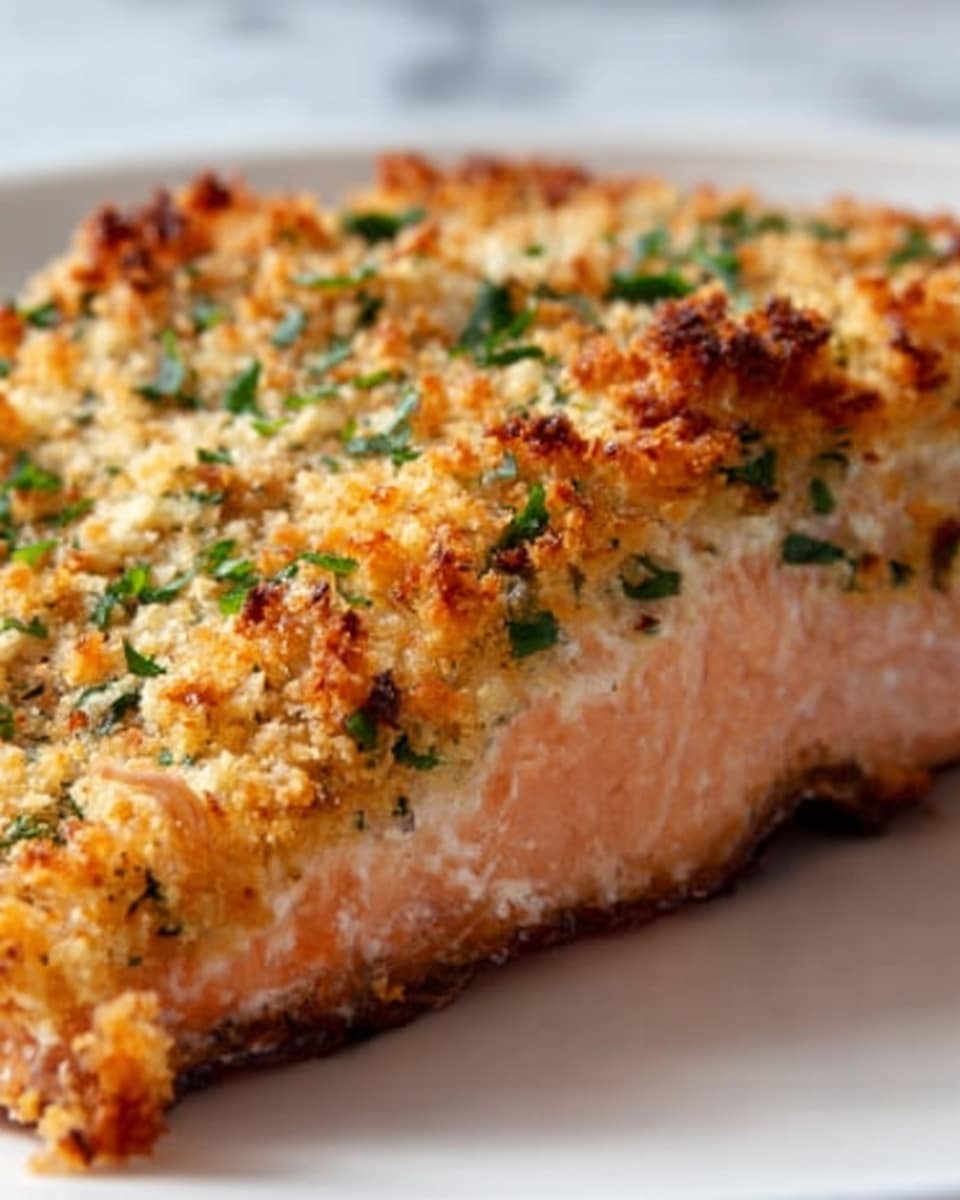 A close-up view of a thick slice of salmon with a crispy golden-brown crust on top, made of crunchy breadcrumbs and green herbs scattered over it, covering the entire fish layer below. The salmon itself is a soft pink color with a tender, juicy texture visible along the sliced edge. The slice rests on a clean white plate that contrasts with the white marbled texture surface below. Photo taken with an iphone --ar 4:5 --v 7