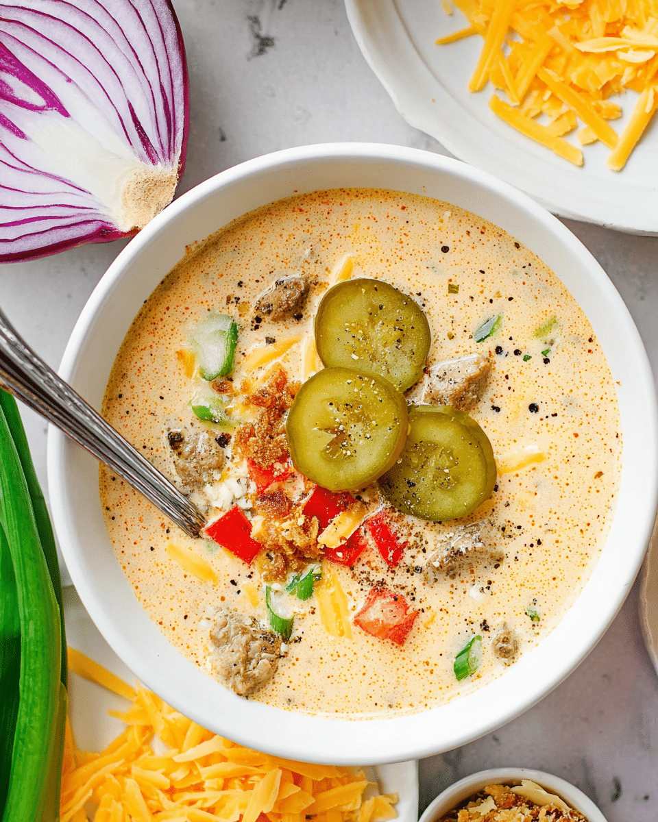 A white bowl filled with creamy light beige soup that has visible chunks of meat inside. On top, three green pickle slices are placed slightly off center, sprinkled with black pepper. Bright yellow shredded cheese, small red diced tomatoes, small green onion pieces, and crumbled brown bits are scattered over the soup. A silver spoon rests inside the bowl on the left side. Around the bowl, there is a half-sliced red onion on a white marbled surface, bright green leafy scallions, and a white plate with more yellow shredded cheese. photo taken with an iphone --ar 4:5 --v 7