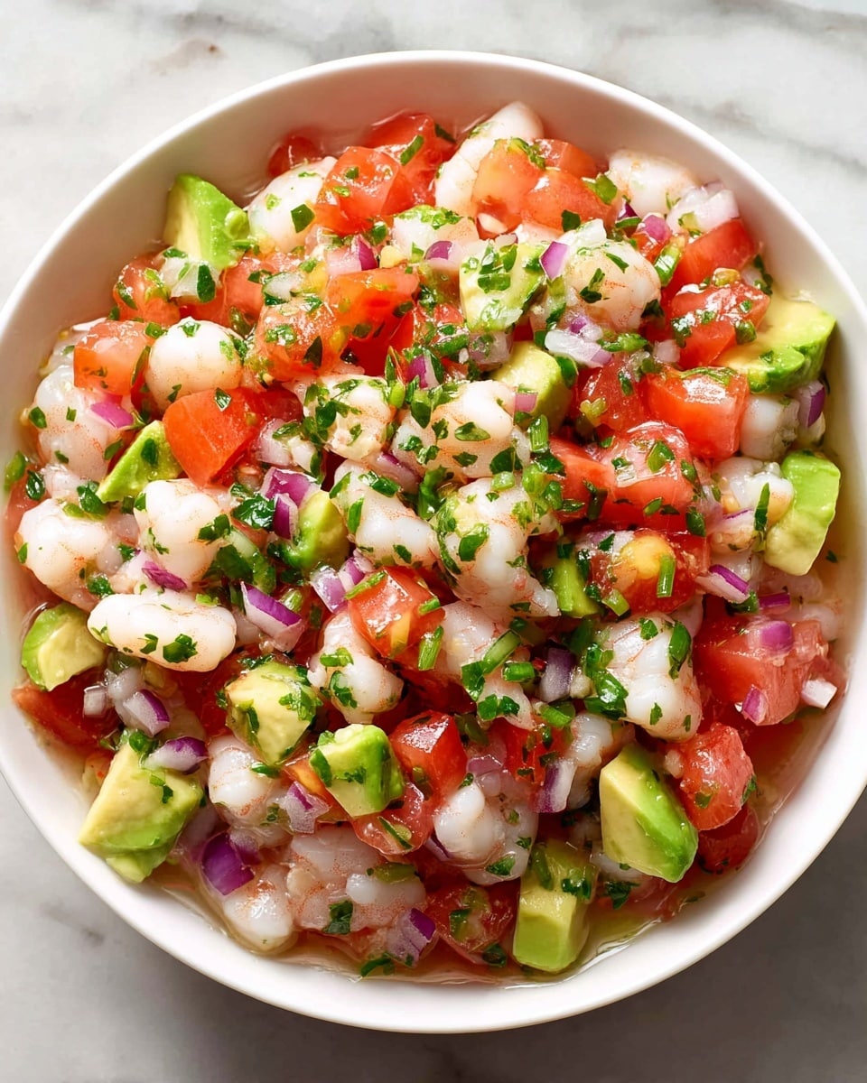 A white bowl filled with a fresh shrimp ceviche composed of three main layers: the bottom layer includes small pieces of white shrimp with a firm texture, mixed evenly with bright green avocado chunks; the middle layer shows medium-sized red tomato cubes and small bits of finely chopped purple onion; the top layer is sprinkled with finely chopped fresh green herbs and small pieces of green chili, all soaked in a light, clear citrus marinade, sitting on a white marbled surface. photo taken with an iphone --ar 4:5 --v 7