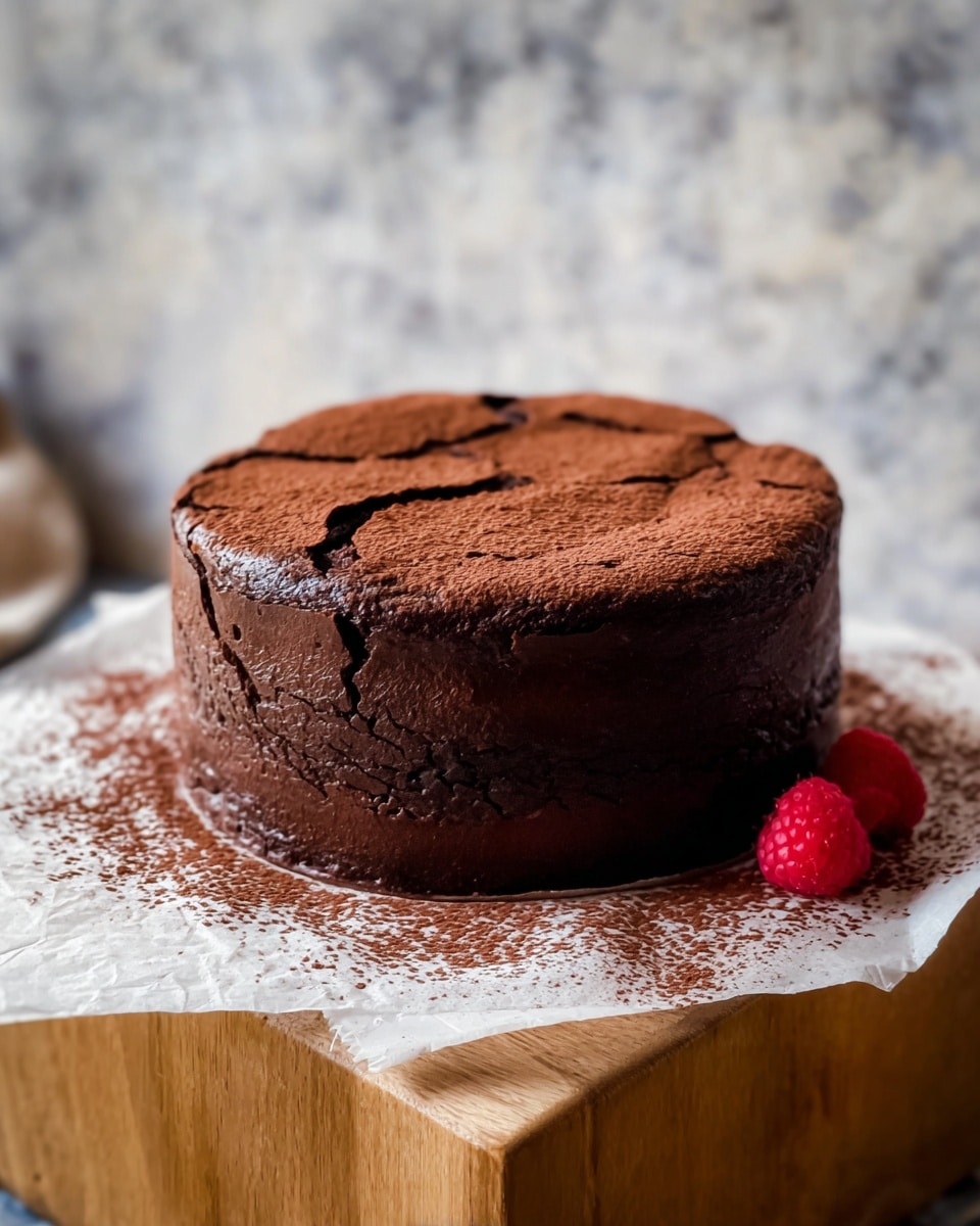 A round chocolate cake with a smooth, dark brown outer frosting, showing deep cracks on the top surface revealing a moist, rich chocolate inside. The cake sits on white parchment paper lightly dusted with cocoa powder, placed on a wooden block. Two bright red raspberries add a pop of color next to the cake on the right side. The background has a soft, white marbled texture with gentle lighting that emphasizes the cake’s rich color and texture. Photo taken with an iphone --ar 4:5 --v 7