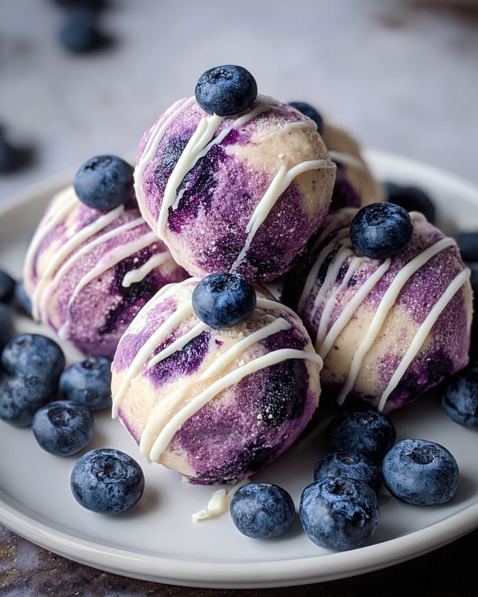 A white plate holds five round blueberry dessert balls, each with a marbled purple and cream color, showing a slightly rough texture. Each ball is topped with a single fresh blueberry and thin white glaze lines drizzled across the surface in a decorative pattern. Around the balls on the plate are scattered whole blueberries, adding a deep blue contrast to the light plate. The background is a soft focus with a white marbled texture. photo taken with an iphone --ar 4:5 --v 7