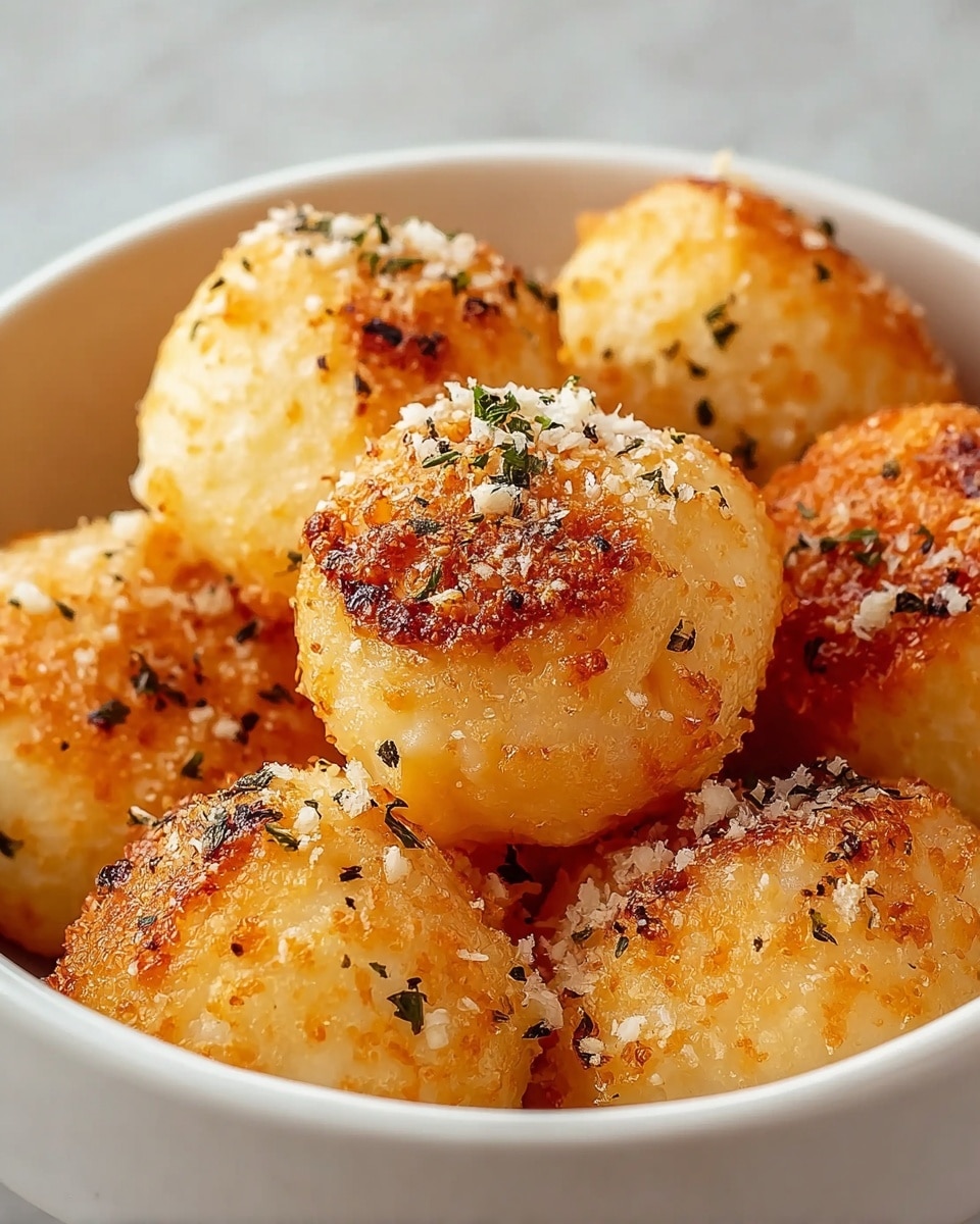 A white bowl filled with several golden brown, round cheese balls that have a slightly crispy texture on the outside. The cheese balls are sprinkled with finely grated light-colored cheese and small bits of dark green herbs on top. The surface of the cheese balls shows a mixture of smooth and slightly rough areas with some parts browned to a deeper golden color. The bowl sits on a white marbled texture surface. photo taken with an iphone --ar 4:5 --v 7