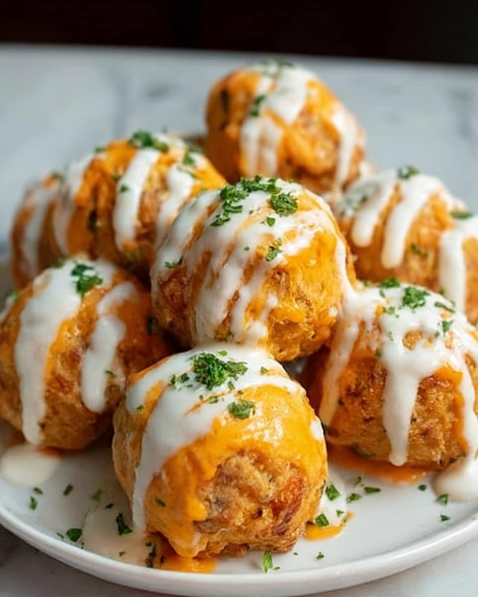 The image shows a white plate holding eight round, bite-sized food balls layered with two sauces. The first layer on the balls is a smooth orange sauce that covers most of the surface, while a thick white sauce is drizzled unevenly over the orange, creating a contrasting pattern. Small green herb pieces are sprinkled on top of some balls, adding a pop of color. The food balls have a slightly rough texture under the sauces, sitting closely together on the plate, which rests on a white marbled surface. photo taken with an iphone --ar 4:5 --v 7