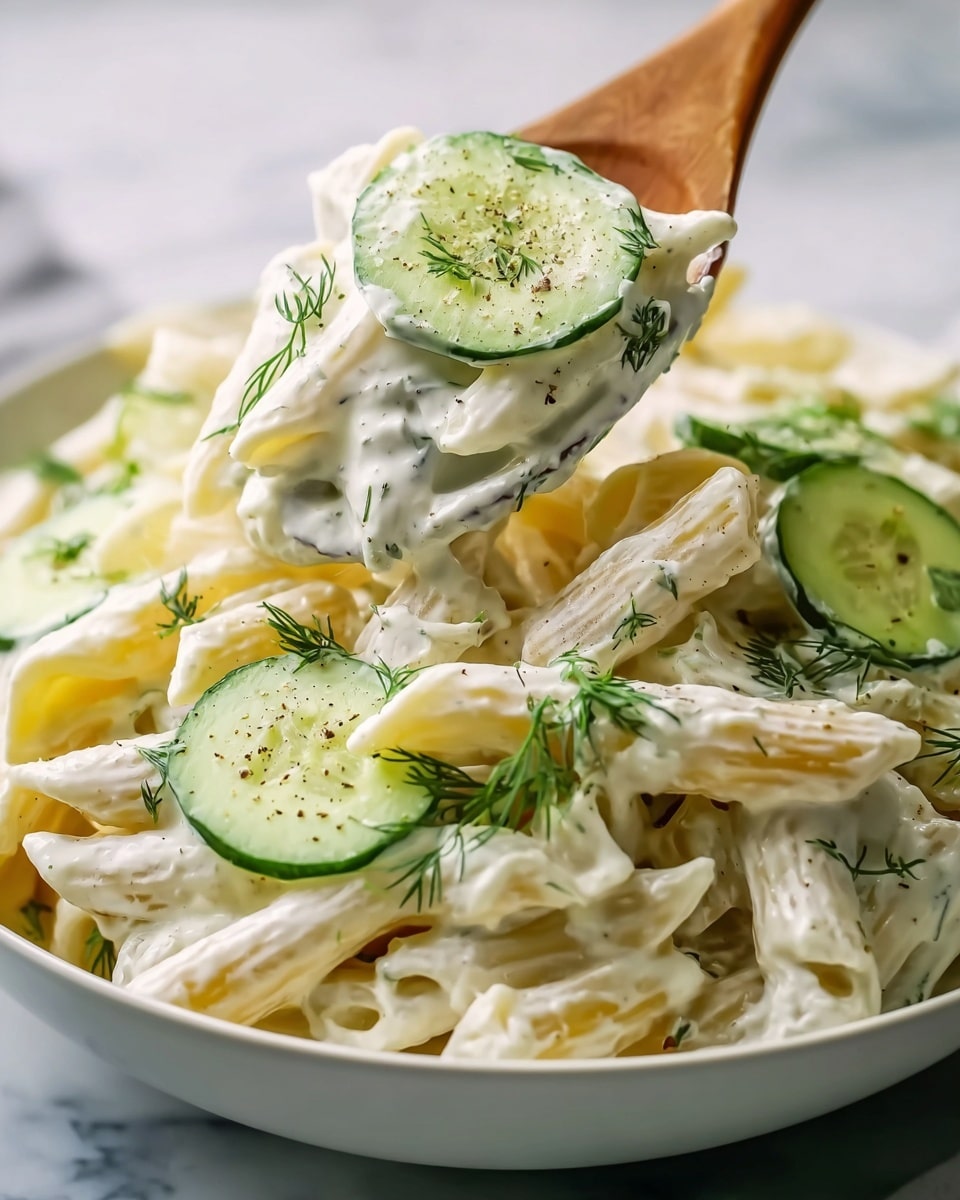 A close-up of creamy pasta salad served in a white bowl on a white marbled texture, with two main layers visible: the bottom layer is made of pale yellow penne pasta coated thickly in a smooth white dressing, while the top layer includes thin, bright green cucumber slices and small sprigs of fresh dill scattered evenly. A wooden spoon lifts a portion of the pasta salad, showing the creamy texture and some black pepper sprinkled on top for contrast. The colors are soft with a fresh, light appearance emphasizing the creamy and herb-filled nature of the dish. Photo taken with an iphone --ar 4:5 --v 7