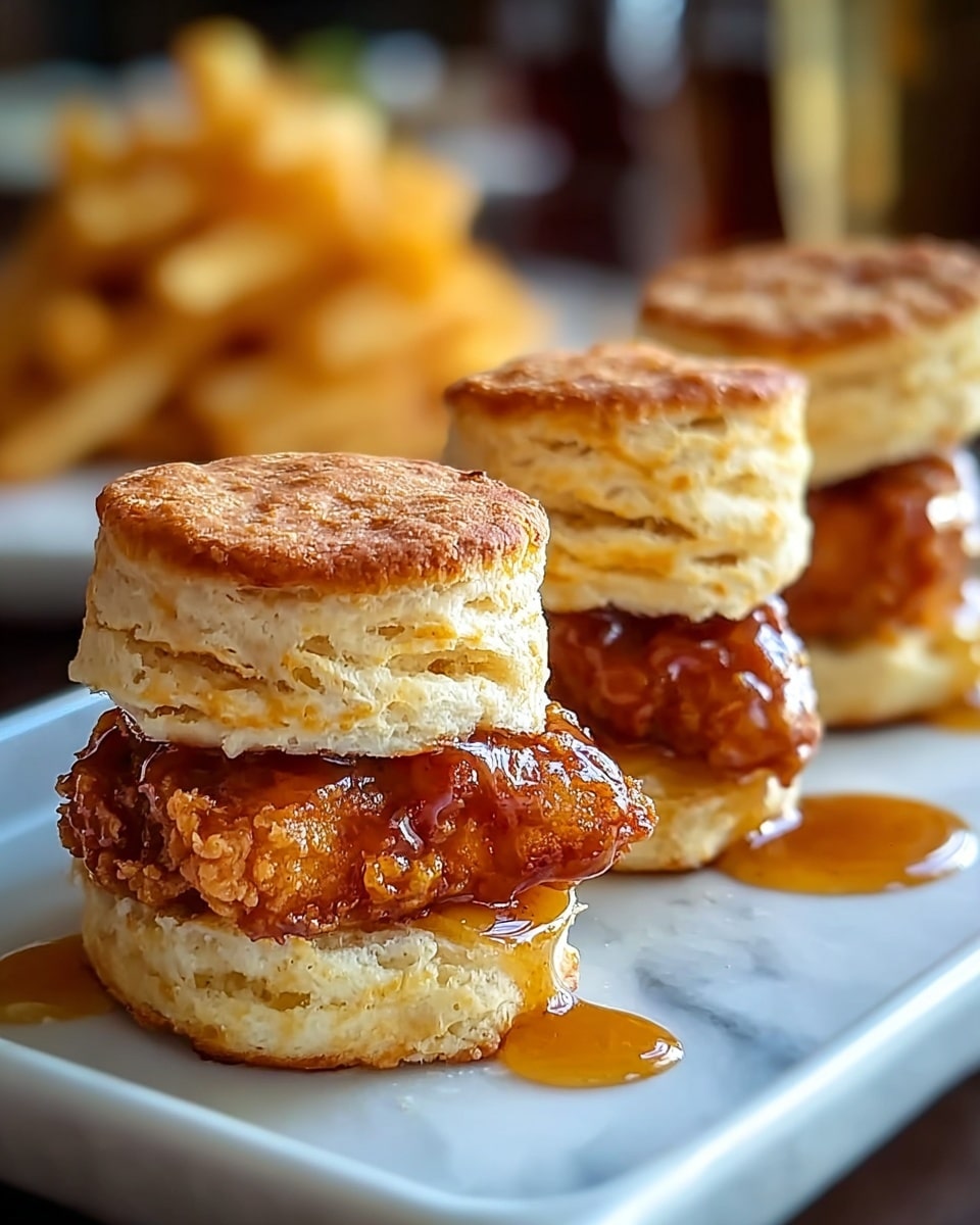 Three small sandwiches sit on a white plate with a white marbled texture underneath. Each sandwich has two flaky, golden-brown biscuit halves forming the top and bottom layers. Between the biscuits, there is a thick, crispy fried chicken piece coated with a shiny, sticky layer of amber-colored syrup that drips slightly onto the plate. In the background, what looks like a pile of fries is softly blurred, adding depth to the image. The light highlights the textures of the biscuit layers and the glistening syrup on the crispy chicken. photo taken with an iphone --ar 4:5 --v 7