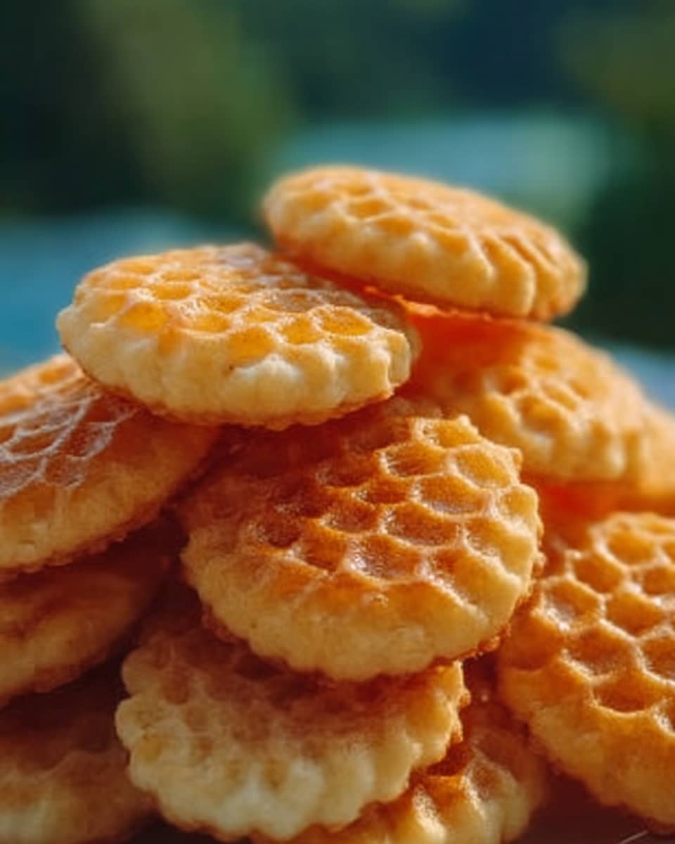 The image shows a stack of small round cakes with a honeycomb pattern pressed into the top of each one. The cakes are golden brown with a slightly shiny surface, suggesting a light glaze or honey coating. The honeycomb shapes are more orange in color, standing out against the lighter yellow cake base. The cakes are piled casually in a soft pyramid shape, with some edges slightly browned, showing texture and crispness. The background is blurred green outdoors, emphasizing the warm tones of the cakes. photo taken with an iphone --ar 4:5 --v 7