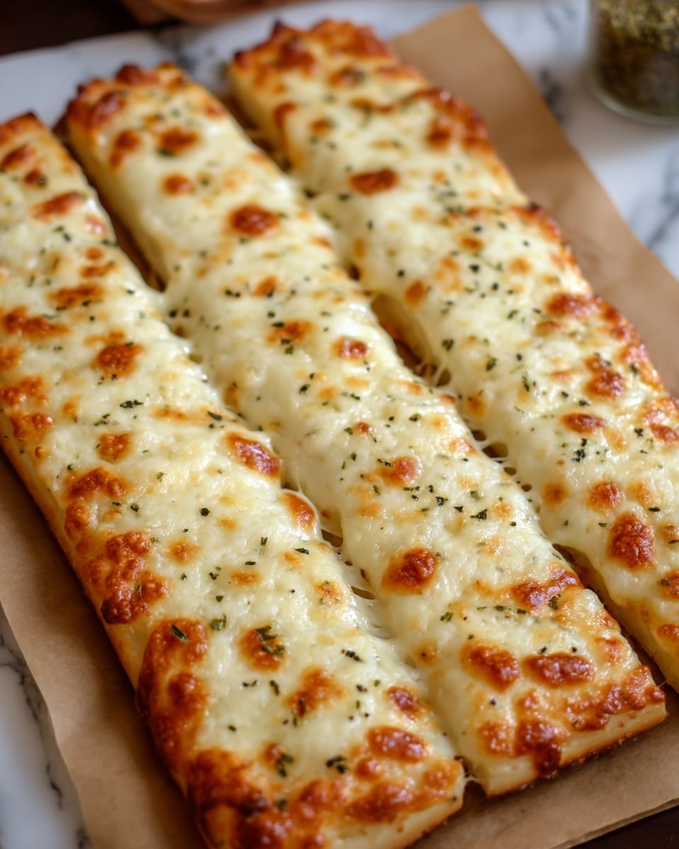 The image shows four long, rectangular cheese breadsticks placed side by side on a piece of brown parchment paper. Each breadstick is topped with a thick, bubbly layer of melted golden cheese that has browned spots and small herbs sprinkled evenly across the surface. The cheese layer looks creamy and stretchy with a slightly crisp edge, covering the crispy, light golden crust beneath. The background features a white marbled texture with a small jar of green seasoning blurred in the upper right corner. photo taken with an iphone --ar 4:5 --v 7