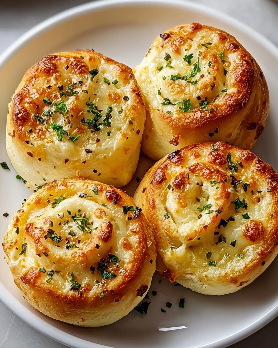Four golden-brown baked rolls shaped like swirls sit close together on a round white plate. Each roll has a soft, fluffy dough base with a shiny, slightly crispy top layer that shows melted and lightly browned cheese. Small green herb pieces and black pepper flakes are scattered evenly over the top of each roll, adding a touch of color and texture. The plate rests on a white marbled surface that subtly reflects some light, giving the scene a clean, fresh feel. photo taken with an iphone --ar 4:5 --v 7