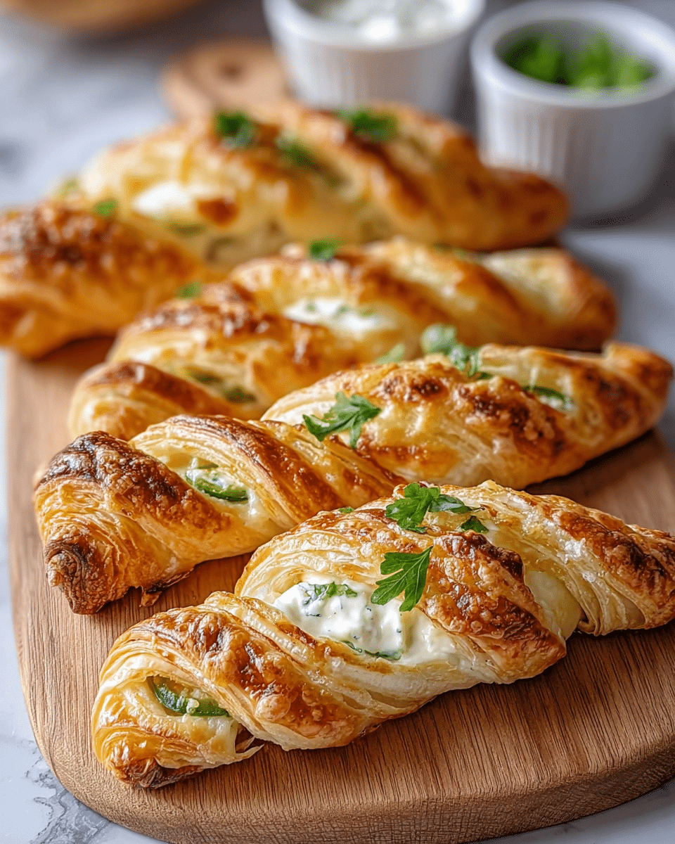 The image shows five golden-brown puff pastry twists laid out on a wooden board. Each twist has a flaky, crispy outer layer with a light golden color and darker browned spots, giving a crunchy texture. Between the folds of the pastry, there is a creamy white filling that looks smooth, with some green slices of jalapeno pepper peeking through. Small green parsley leaves are sprinkled on top of the creamy filling, adding a fresh, bright color contrast. The background is a white marbled texture with small white bowls blurred in the back. Photo taken with an iphone --ar 4:5 --v 7