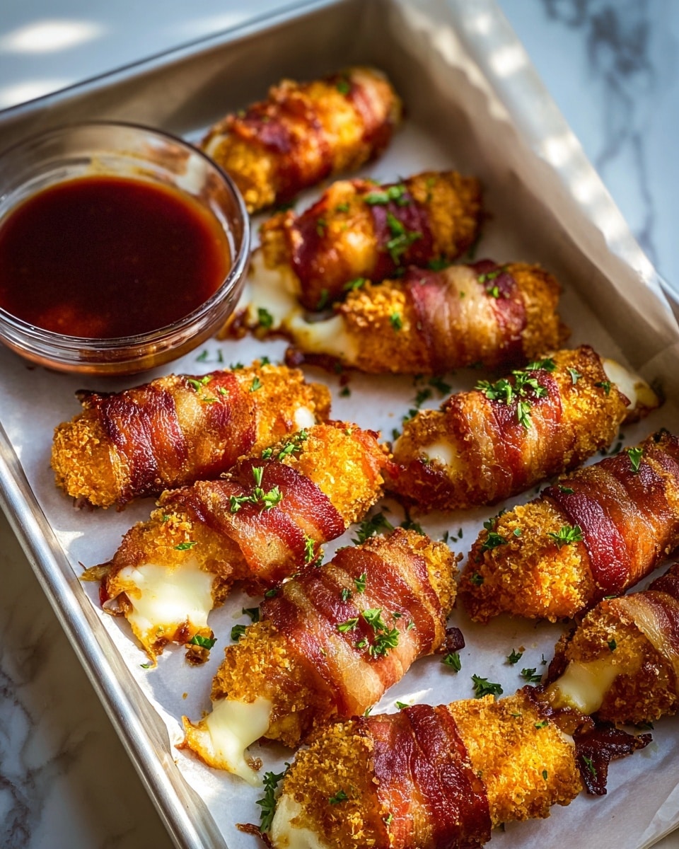 The image shows a white rectangular tray lined with white parchment paper, holding nine bacon-wrapped cheese sticks arranged in three rows, with melted cheese slightly oozing from the ends. Each stick has one layer of crispy, golden-brown breading coating the cheese, wrapped in one layer of reddish-brown crispy bacon spiraled around it, sprinkled with small green parsley leaves. At the back of the tray, there is a small transparent glass bowl filled with dark red dipping sauce, slightly blurred. The overall scene is set on a white marbled surface with natural light casting soft shadows. Photo taken with an iphone --ar 4:5 --v 7