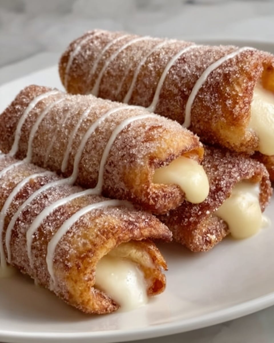 Three rolled pastries are placed side by side on a white plate, each golden brown with a crispy texture. The rolls are dusted with fine sugar, giving them a sparkling, slightly rough surface. A light drizzle of white icing runs diagonally across each roll, adding a smooth, shiny contrast to the rough sugar coating. The filling slightly peeks out from the ends, showing a creamy, pale yellow inside. The background is a white marbled texture. photo taken with an iphone --ar 4:5 --v 7