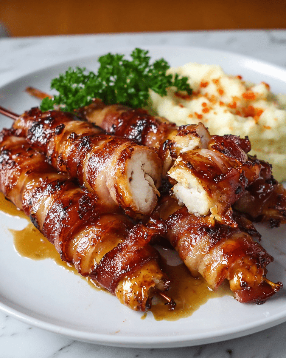 The dish shows three grilled chicken skewers arranged in a triangle on a white plate, each skewer wrapped in crispy, browned bacon with visible char marks and a shiny glaze. The chicken inside is white and juicy, seen on the middle skewer that has been cut into slices. There is a small serving of creamy mashed potatoes at the back of the plate, topped with tiny orange bits, and fresh green parsley sprigs beside it. The plate rests on a white marbled surface, adding a clean and bright contrast to the rich colors of the food. photo taken with an iphone --ar 4:5 --v 7