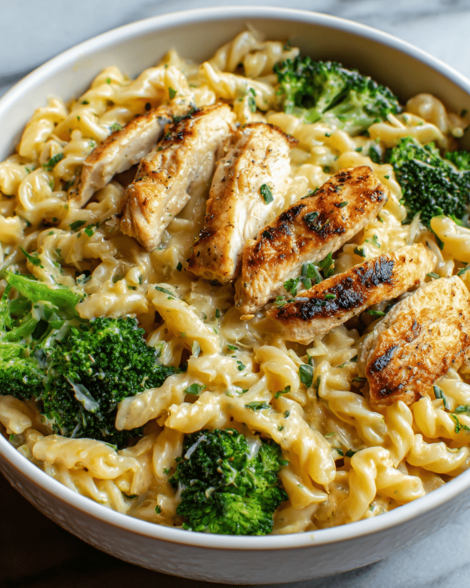 A white bowl filled with a creamy pasta dish showing three main layers: at the bottom, small, spiral-shaped pasta coated in a light yellow sauce; scattered on top, bright green broccoli florets adding contrast and freshness; and pieces of grilled chicken breasts with a golden brown color, placed evenly across the dish. Small bits of herbs are sprinkled over everything, adding texture and color. The bowl sits on a white marbled surface. Photo taken with an iphone --ar 4:5 --v 7