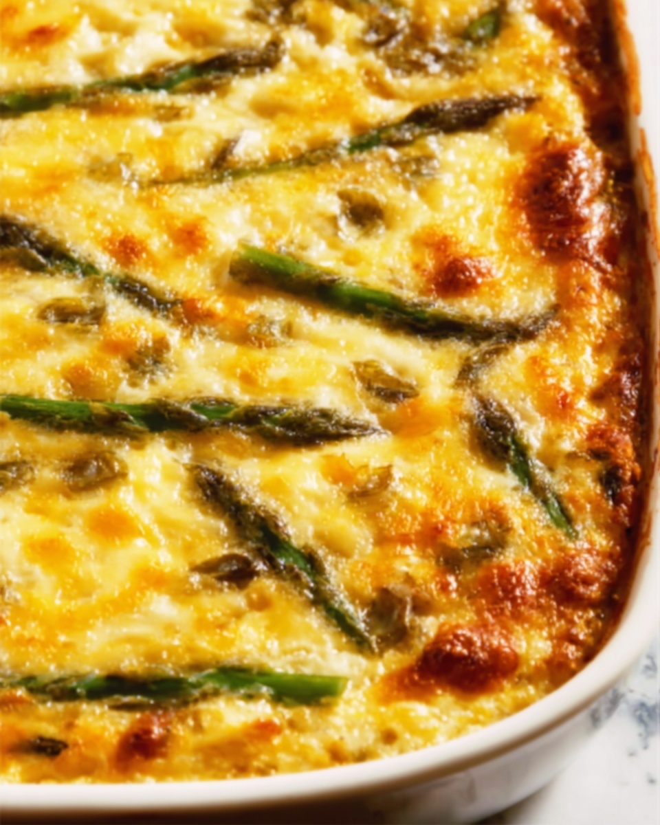 The image shows a close-up of a baked dish with a golden brown top layer that looks cheesy and slightly bubbly. Thin green asparagus spears are placed evenly across the surface, creating visible green streaks throughout the top. The texture appears creamy and soft with a few browned spots, suggesting a rich and cheesy casserole. The dish is in a white baking dish that is only partly visible, resting on a white marbled surface. photo taken with an iphone --ar 4:5 --v 7